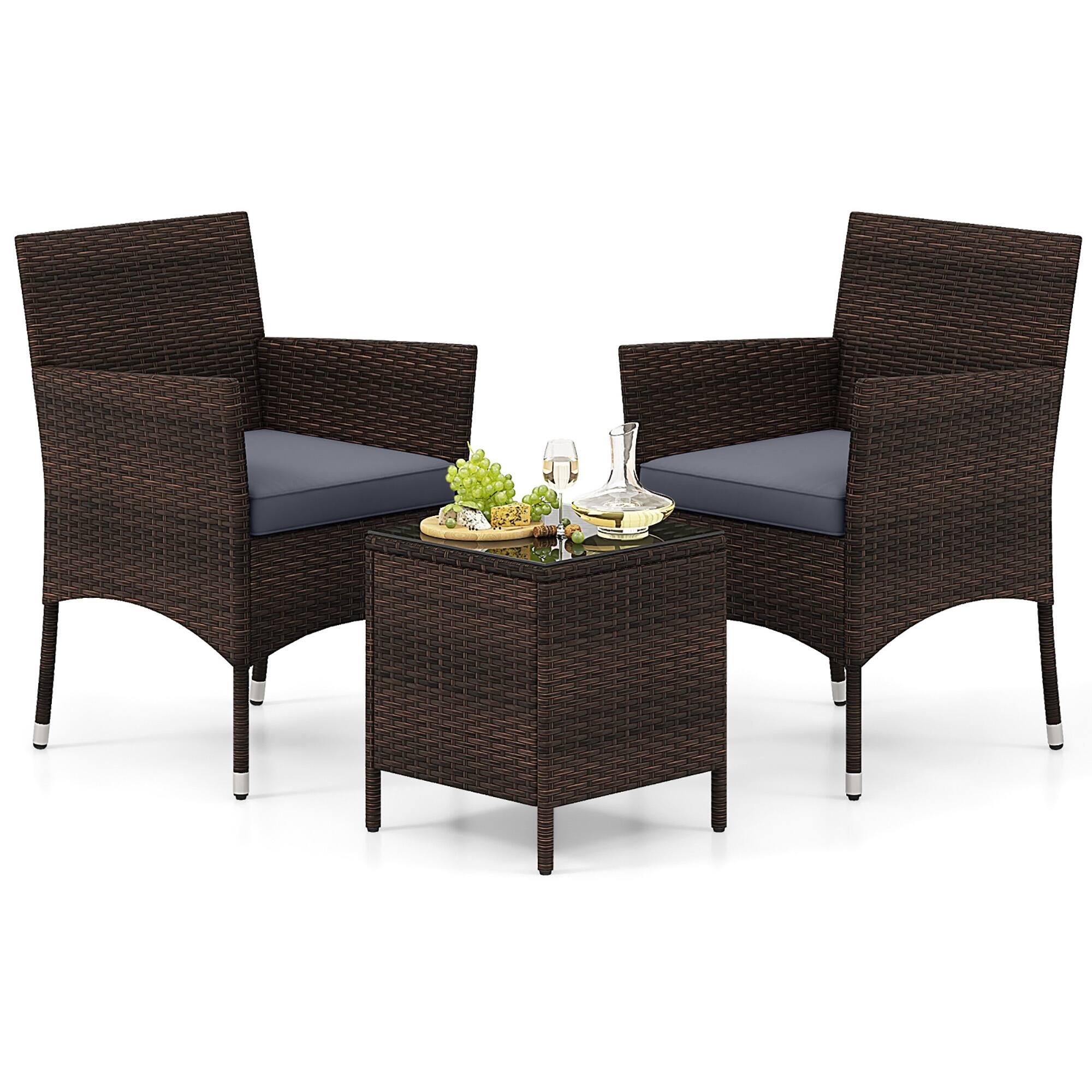Alt View 9. Gymax - Gymax 3 PCS Outdoor Conversation Set w/ Cushioned Seat & Tempered Glass Tabletop Gray - Gray.