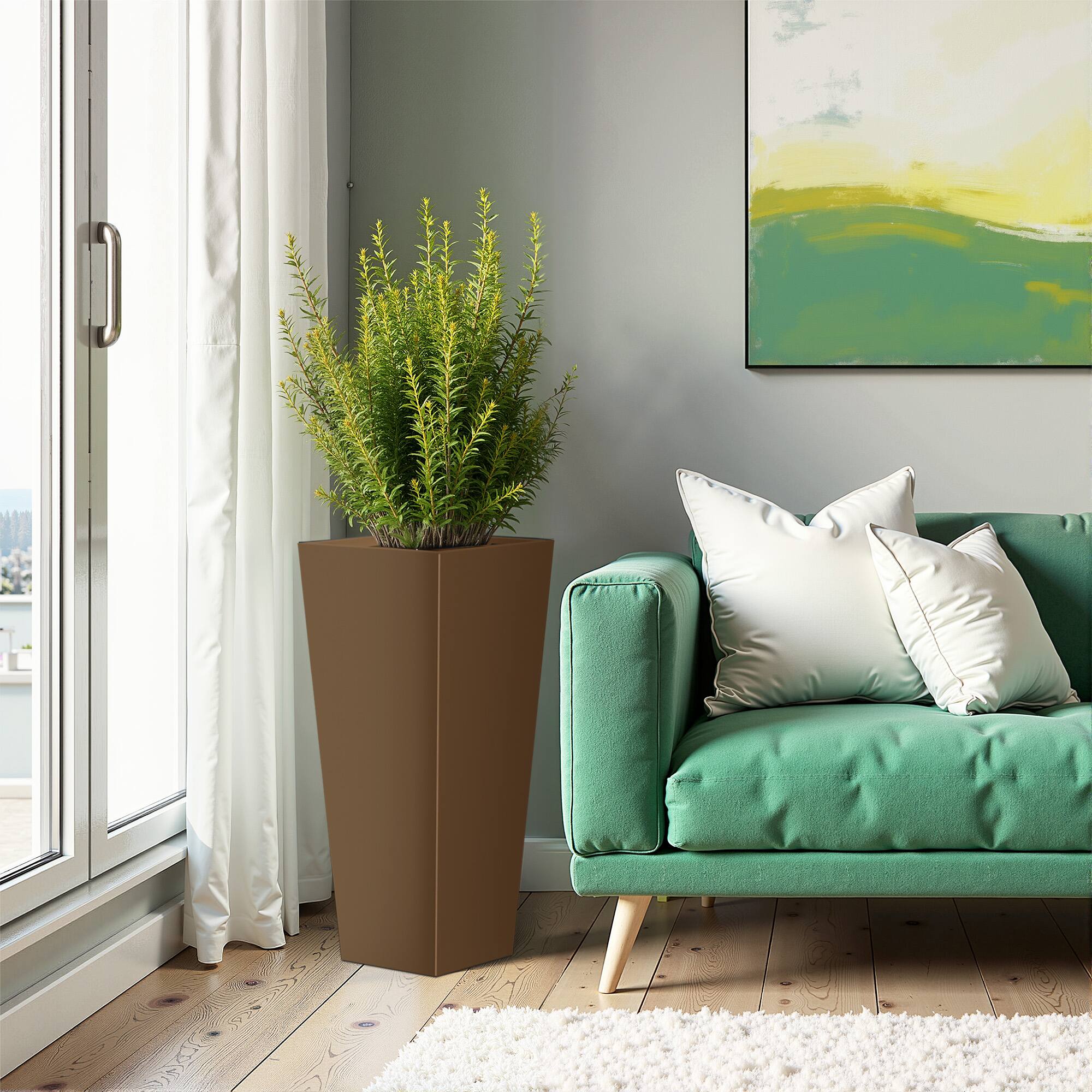 Alt View 2. PexFix - 28 in. H Metal Tapered Planter Pot with Drainage Hole – Indoor/Outdoor Planter Box for Patio, Entryway, Balcony, Garden - Brown.