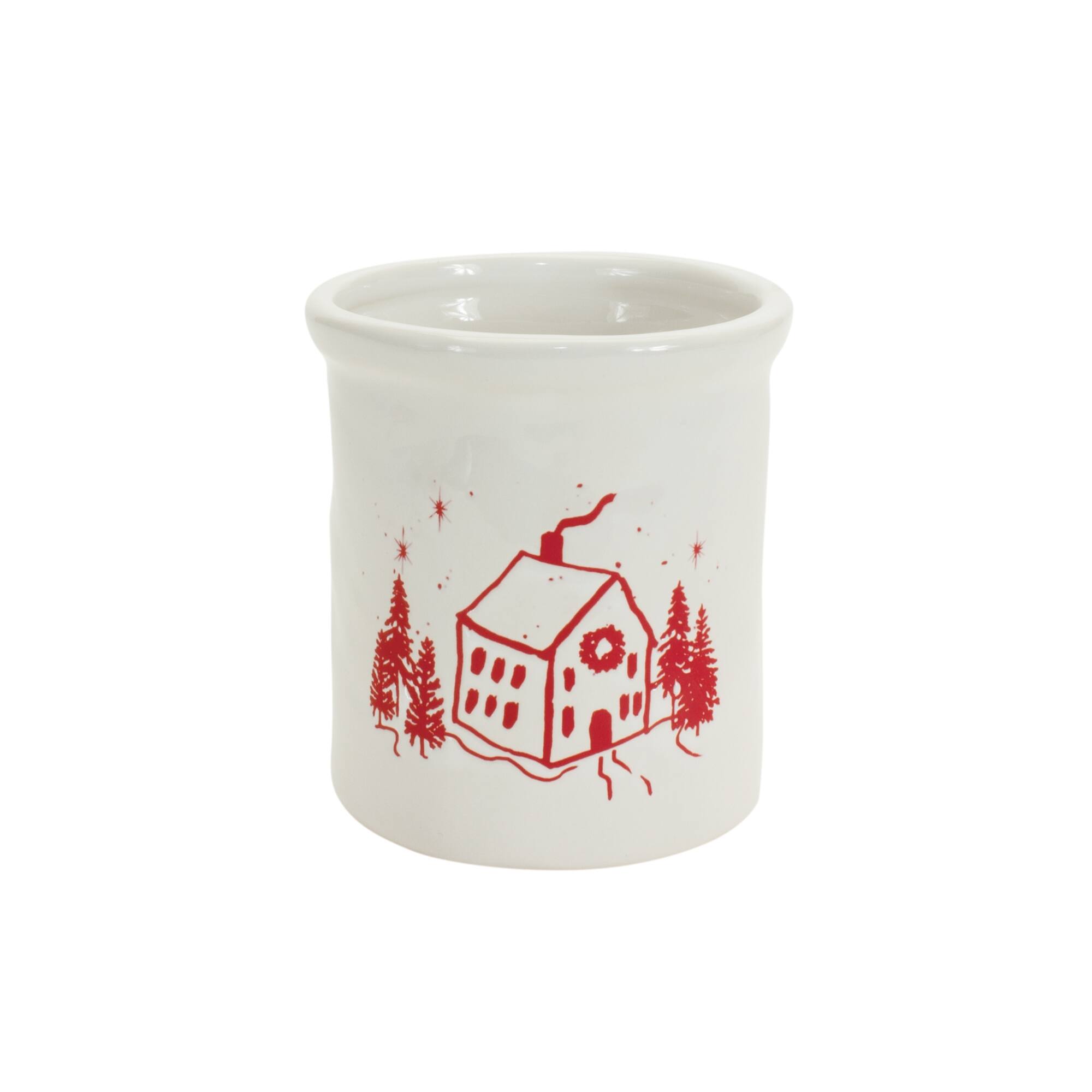 Alt View 1. BreeBe - Ceramic Crock with Snowy House Scene (Set of 4) - White, Red.