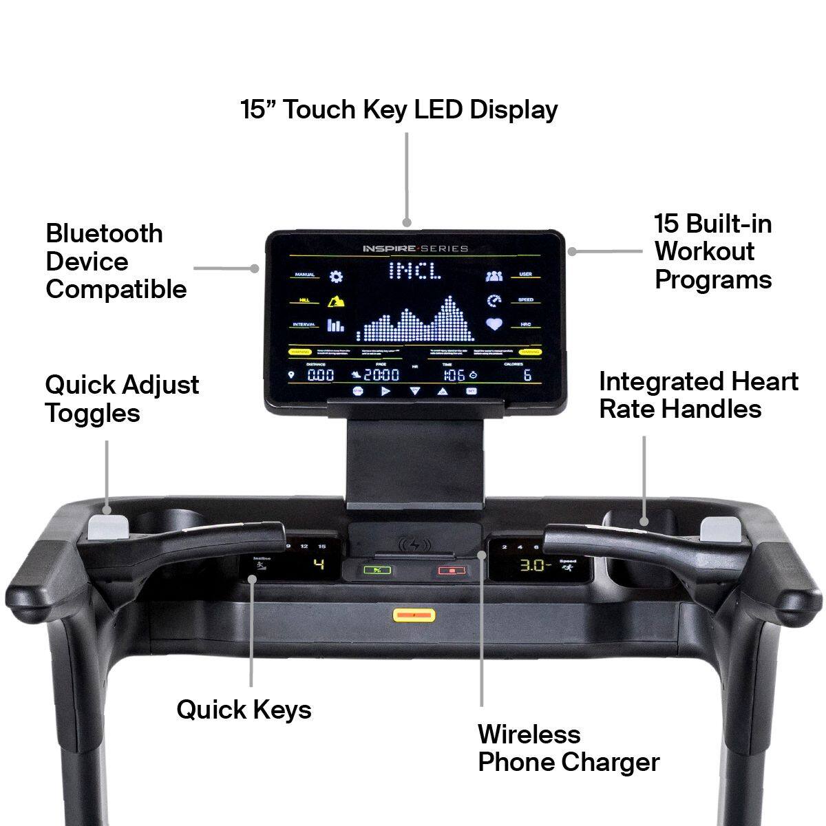 15" Touch Key LED Display

- Bluetooth Device Compatible
- Quick Adjust Toggles
- Quick Keys
- Wireless Phone Charger
- 15 Built-in Workout Programs
- Integrated Heart Rate Handles
