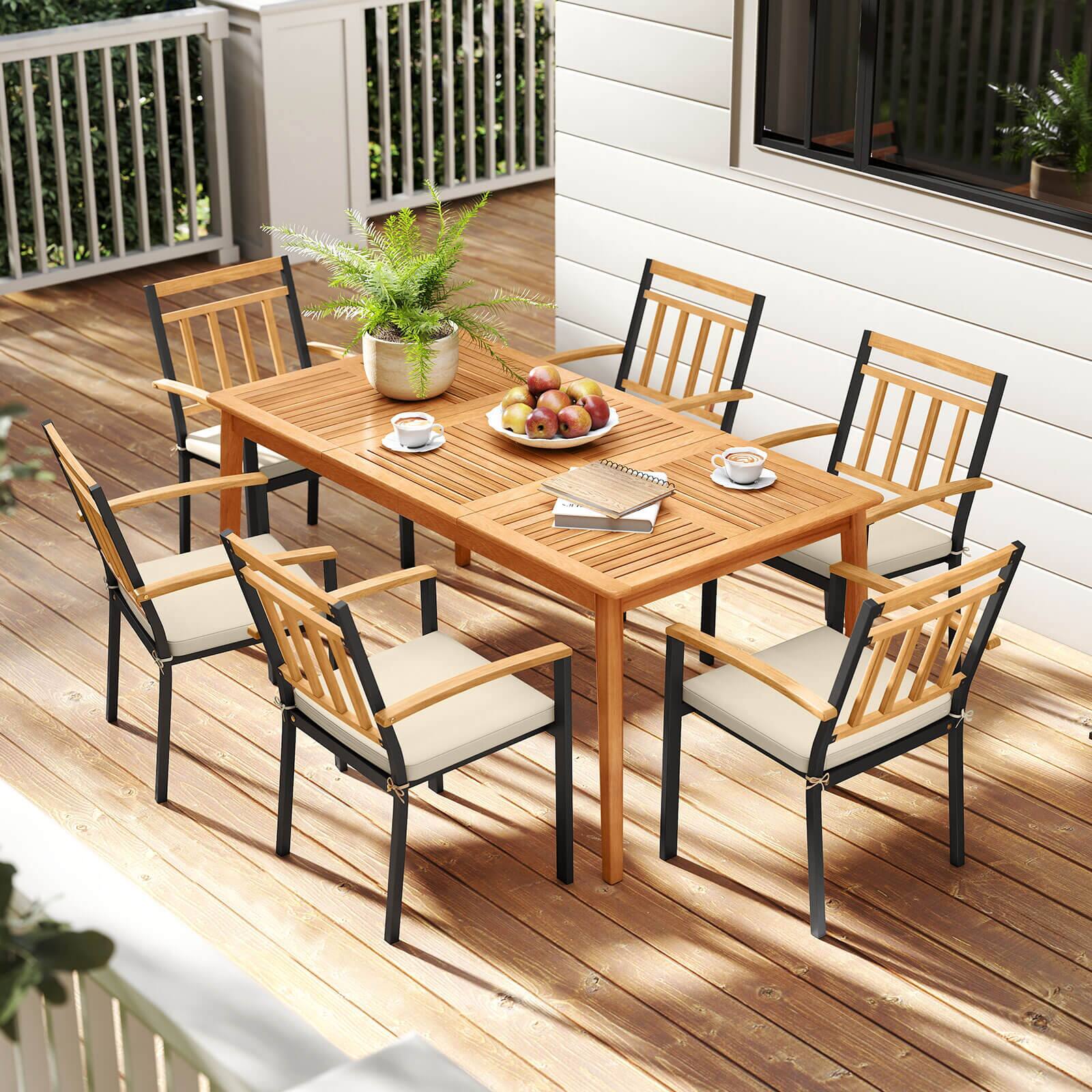 Alt View 1. Costway - Costway 7 PCS Patio Acacia Wood Dining Set with Soft Seat Cushions Umbrella Hole Outdoor - Natural,Black.