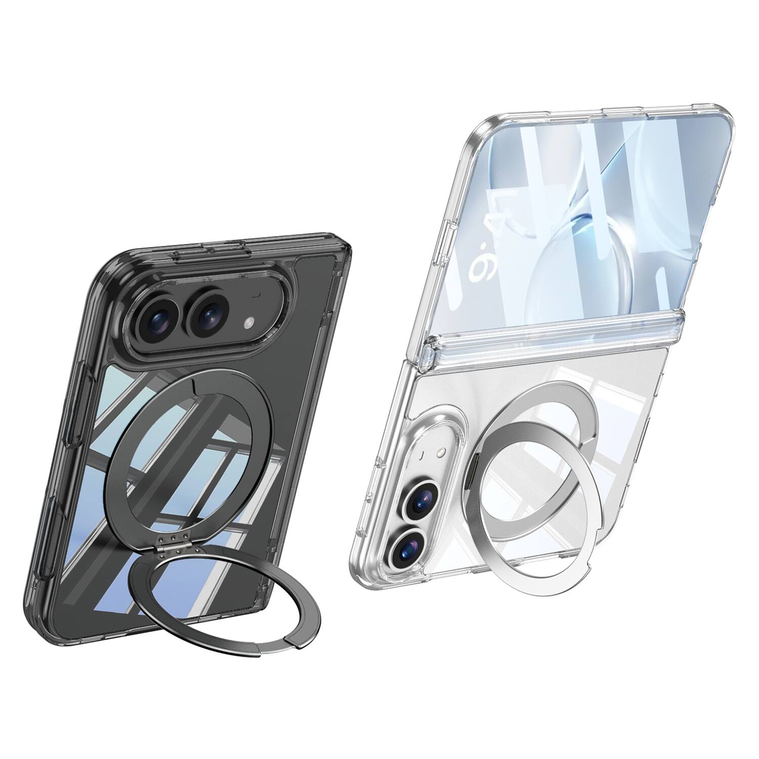 Back. Dteck - for iPhone Duo Clear Case with Magnetic Rotatable Ring Kickstand, Hinge Protection with Built-in Screen Cover - Clear.