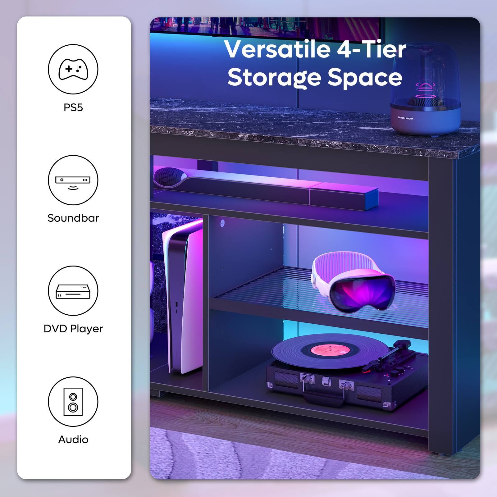 Versatile 4-Tier Storage Space - Soundbar - DVD Player - Audio