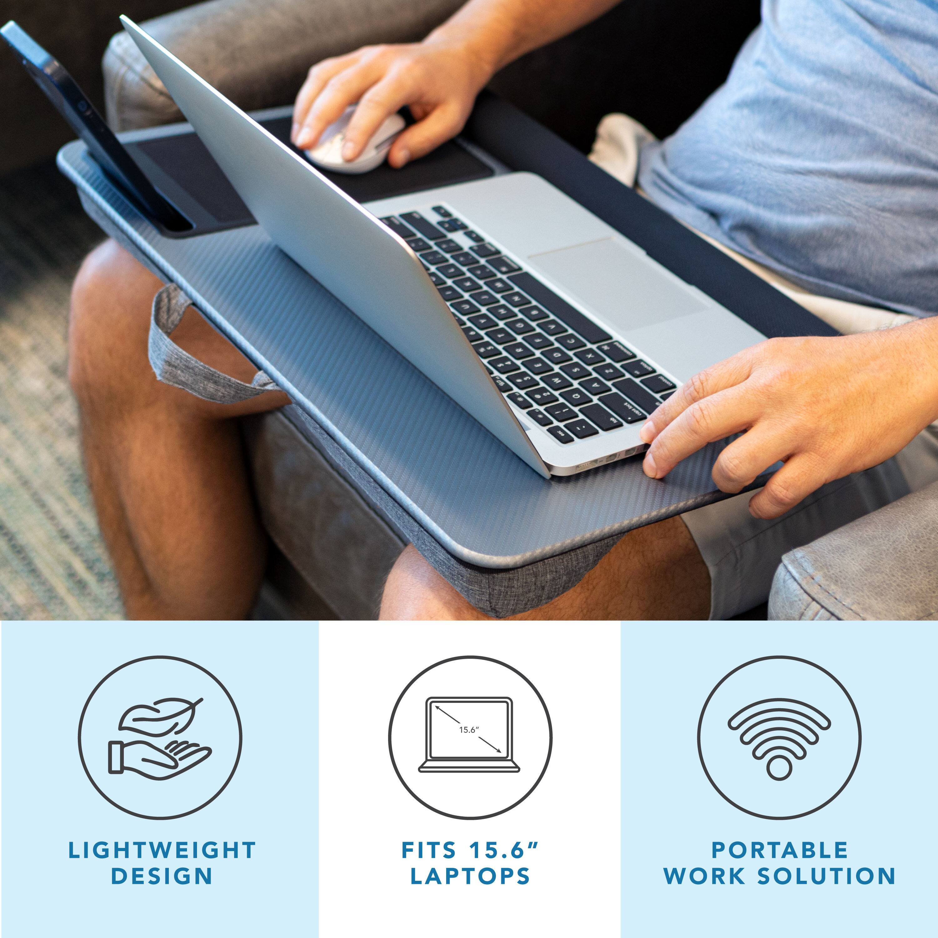 The text on the image describes the laptop as having a lightweight design, fitting 15.6" laptops, and being a portable work solution.