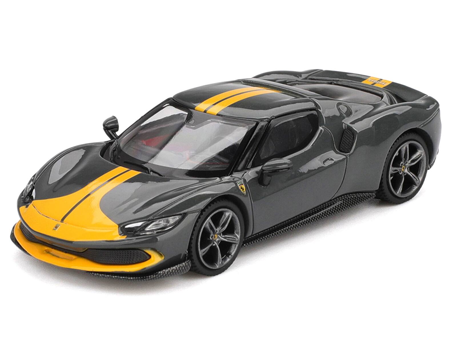 Alt View 3. BBR - Ferrari 296 GTB Assetto Fiorano Grigio Scuro (Dark Gray) with Yellow Stripes 1/64 Diecast Model Car by BBR Models.