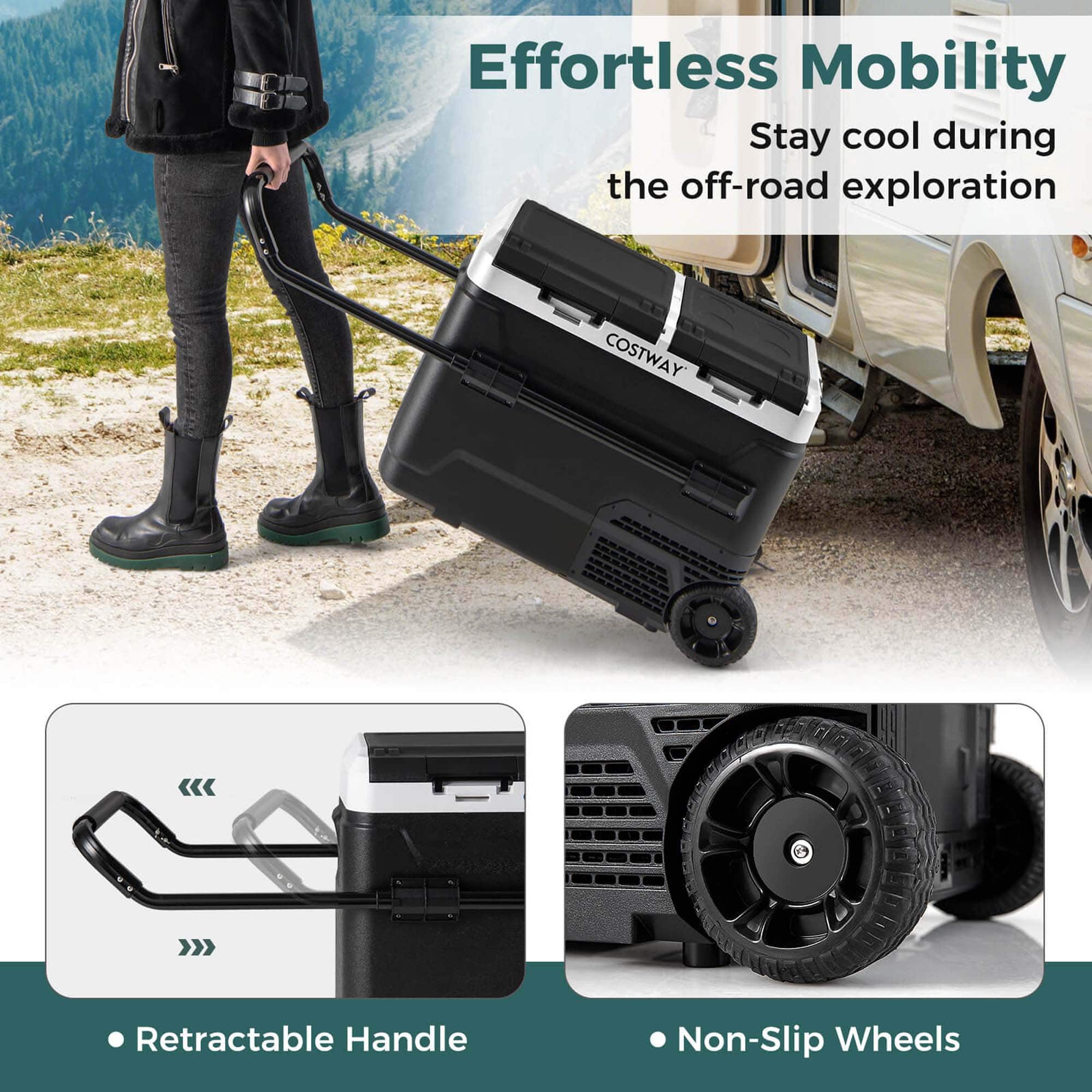 Effortless Mobility: Stay cool during the off-road exploration with COSTWAY. Featuring a retractable handle and non-slip wheels.