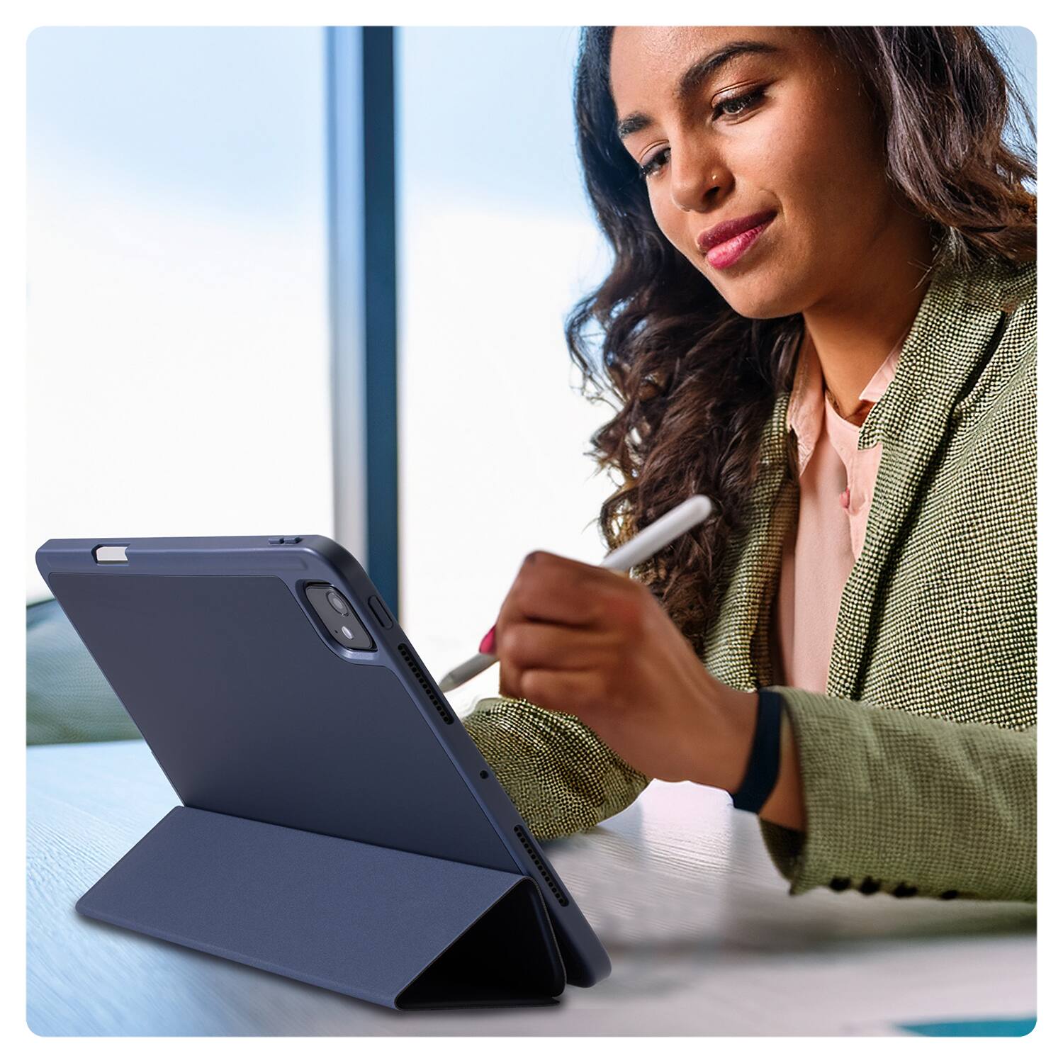 Angle. Vena - For Apple iPad Pro 11 Inch Case with Pencil Holder, iPad Pro M4 11 Inch Case Cover (2024) with Slim Trifold Stand, Blue - Blue.