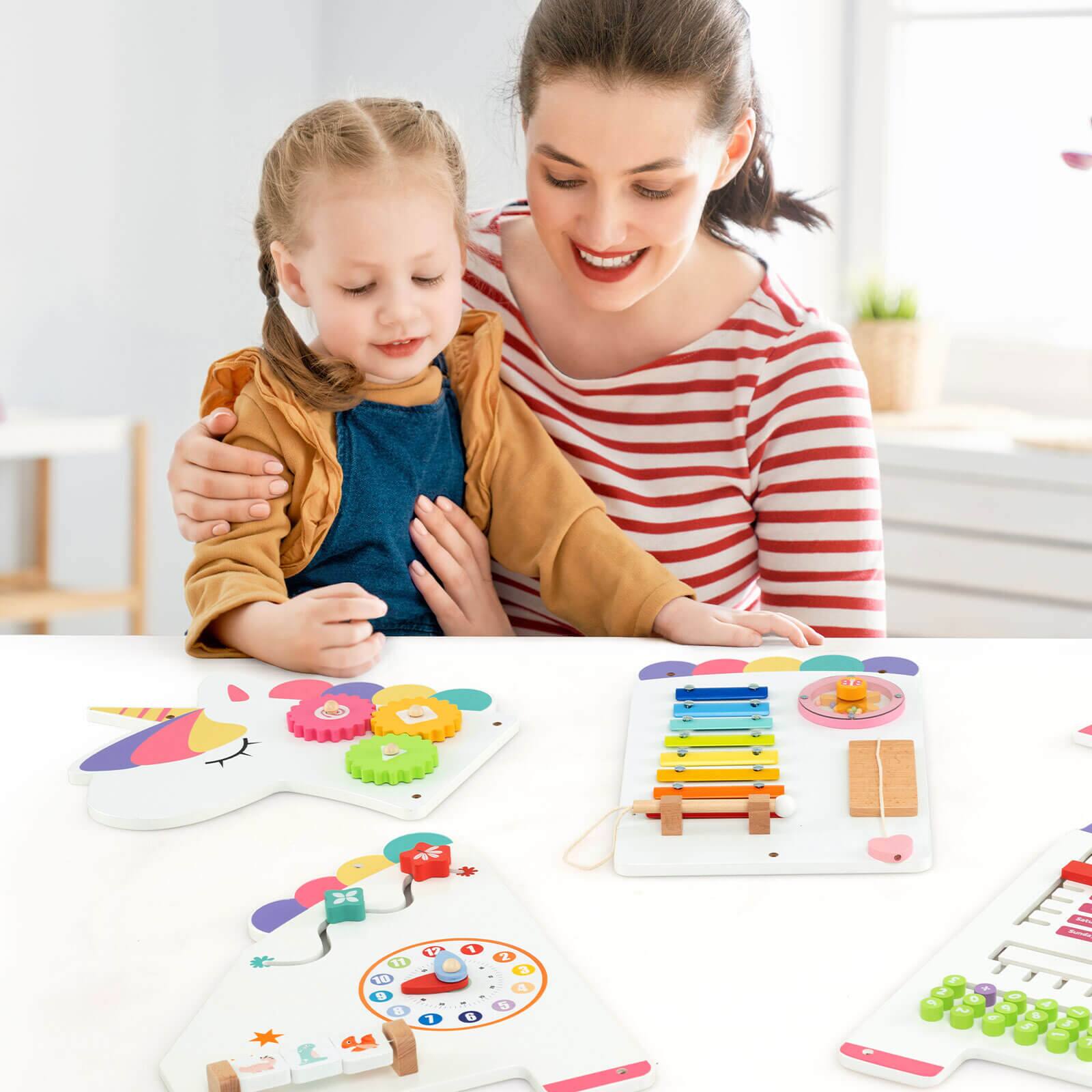 Alt View 3. Costway - Costway 11-in-1 Unicorn Activity Wall Busy Board Panels for Education Early Development - White.