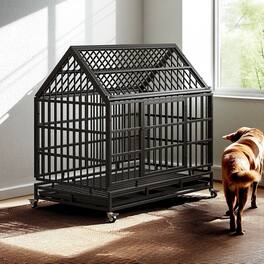 Pefilos - 48" Heavy Duty Dog Cage with Wheels, Folding Metal Kennel and Crate for Medium and Large Dogs