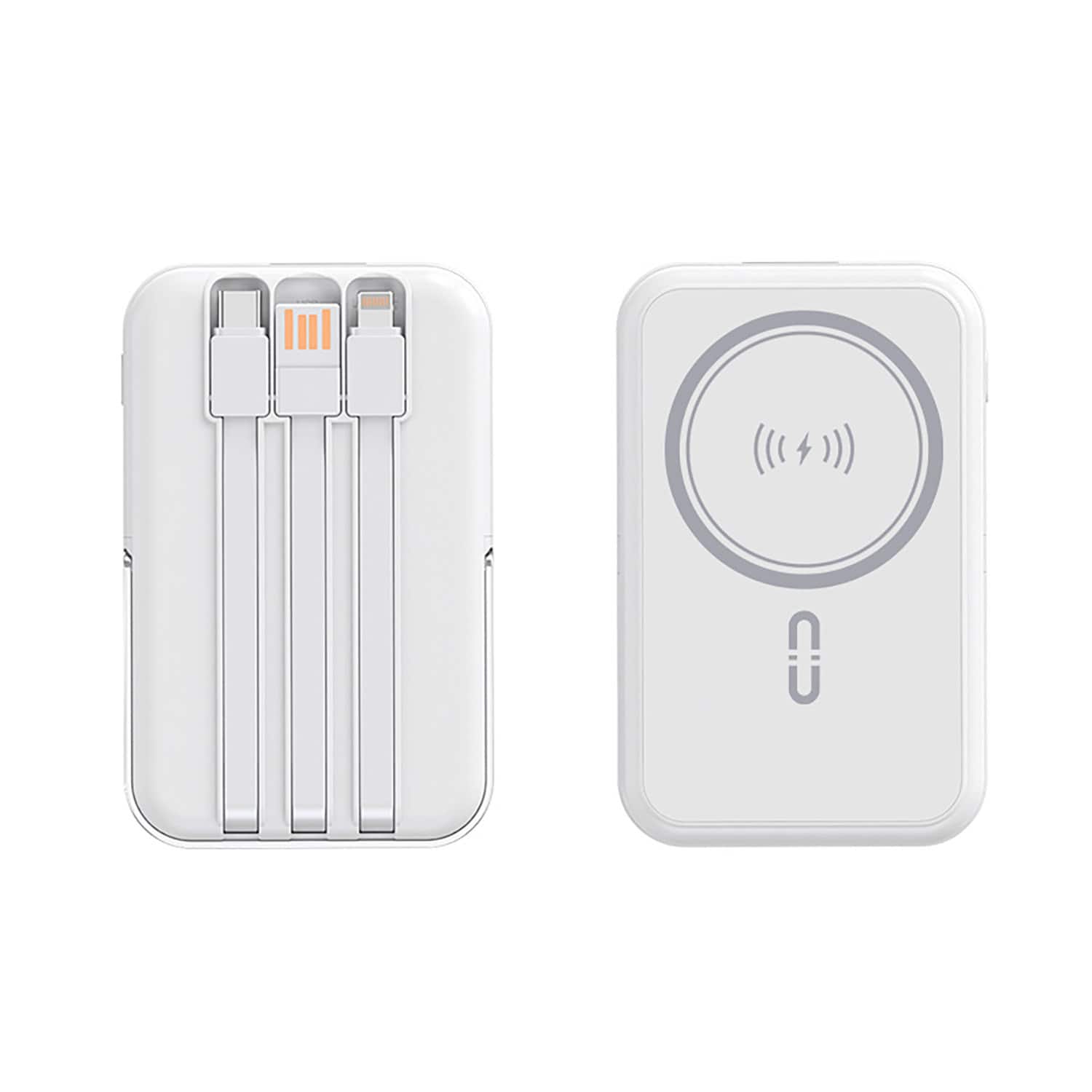 Alpha Digital - 10,000mAh Magnetic Wireless Charge Power Bank with metal stand + built-in cables - White