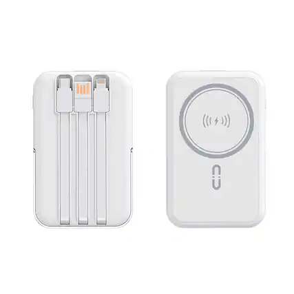 Front. Alpha Digital - 10,000mAh Magnetic Wireless Charge Power Bank with metal stand + built-in cables - White.