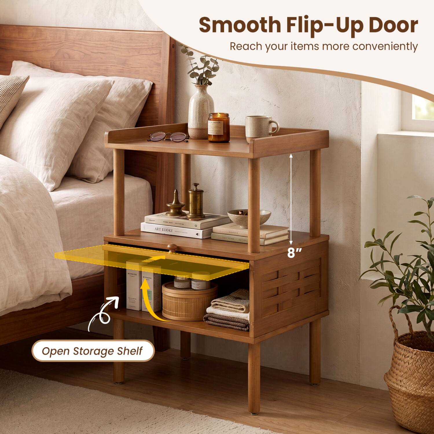 Smooth Flip-Up Door  
Reach your items more conveniently

TART BEOKE  
SIL  
8"  
Open Storage Shelf