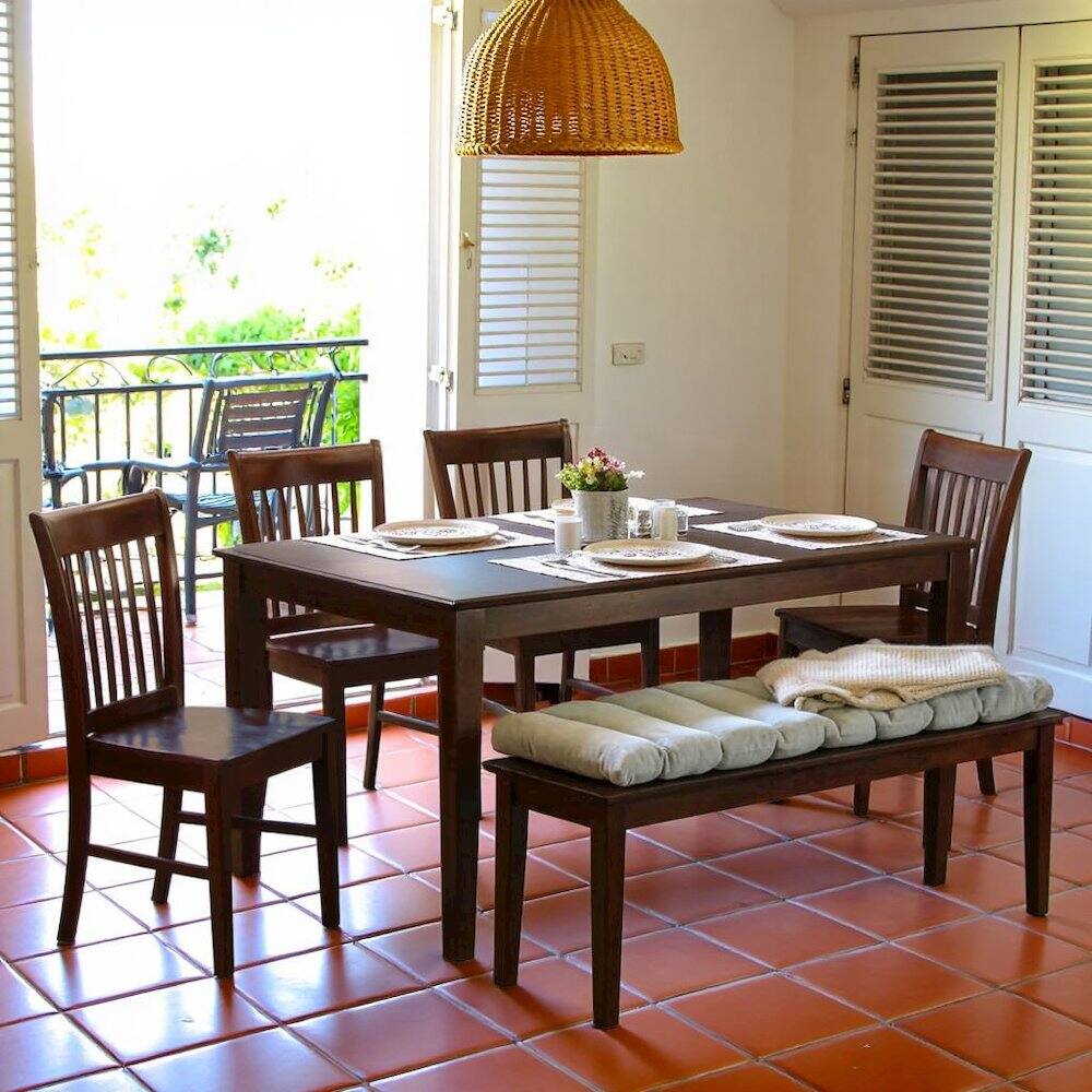 Alt View 4. FurniFact - Solid Wood Dining Table with Chairs and Bench, Kitchen Set for 6 People - Mahogany.
