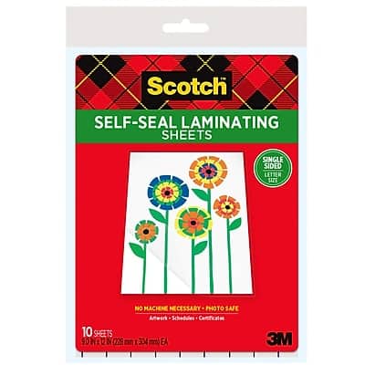 Scotch Self-Seal Laminating Sheets  
Single Sided Letter Size  
No Machine Necessary - Photo Safe  
Artwork - Schedules - Certificates  
10 Sheets  
Dimensions: 228 mm x 304 mm EA  
3M