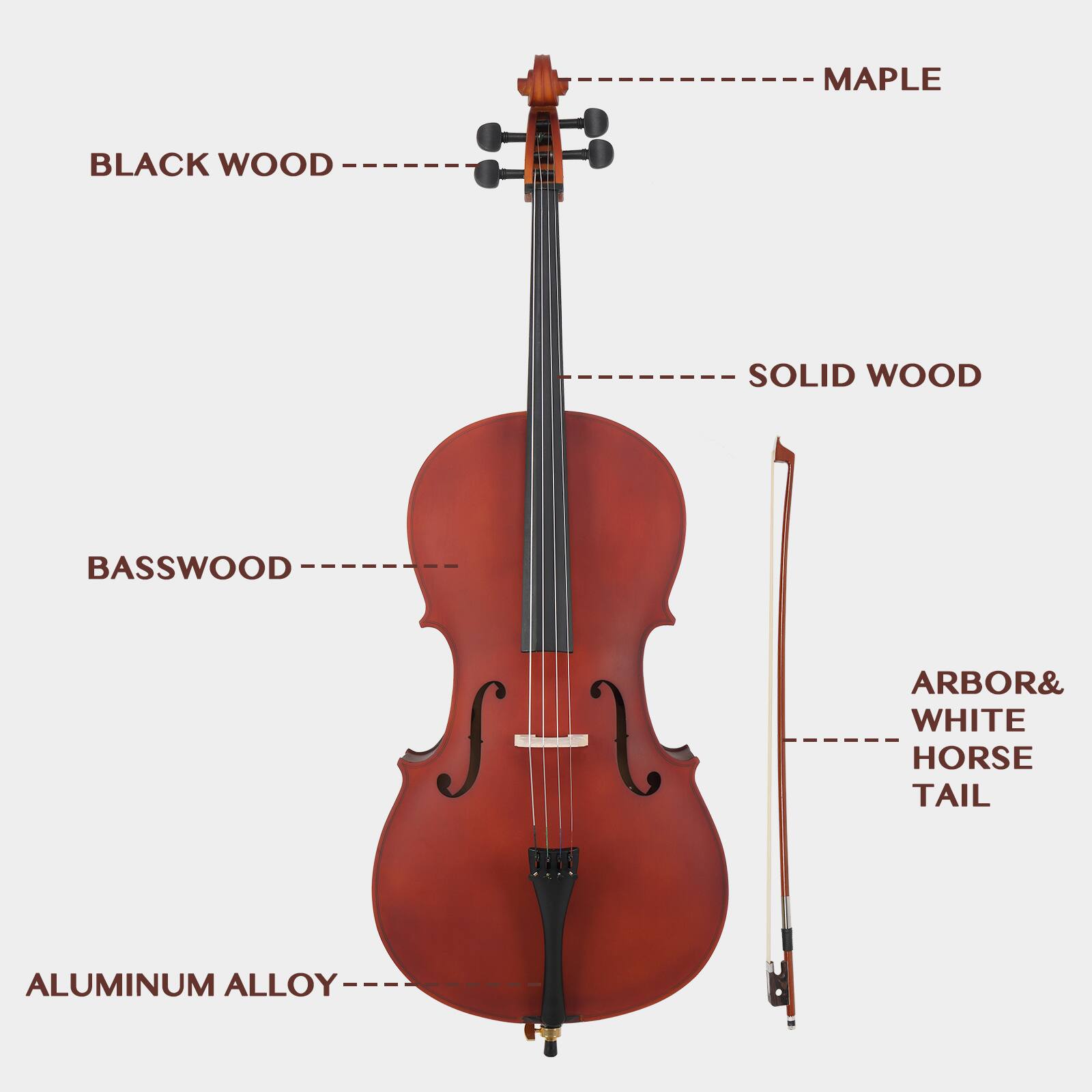 MAPLE  
BLACK WOOD  
SOLID WOOD  
BASSWOOD  
ALUMINUM ALLOY  
ARBOR & WHITE HORSE TAIL