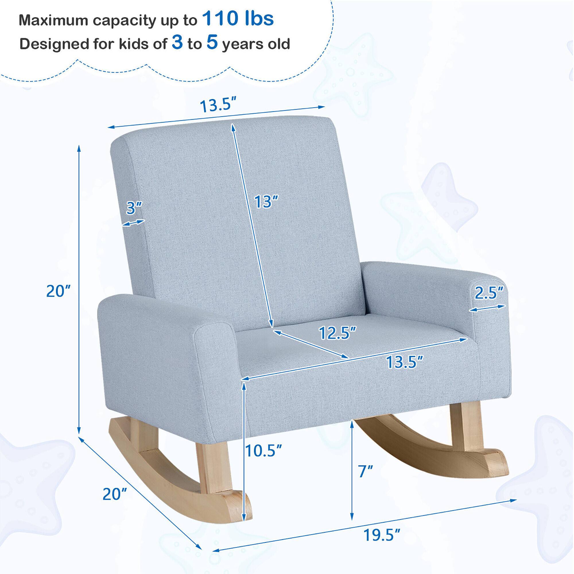 Maximum capacity up to 110 lbs  
Designed for kids of 3 to 5 years old  

Dimensions:  
- Height: 13.5"  
- Width: 20"  
- Depth: 19.5"  
- Seat Height: 7"  
- Armrest Height: 10.5"  
- Back Height: 13"  
- Seat Depth: 12.5"  
- Armrest Width: 2.5"  
- Overall Width: 20"