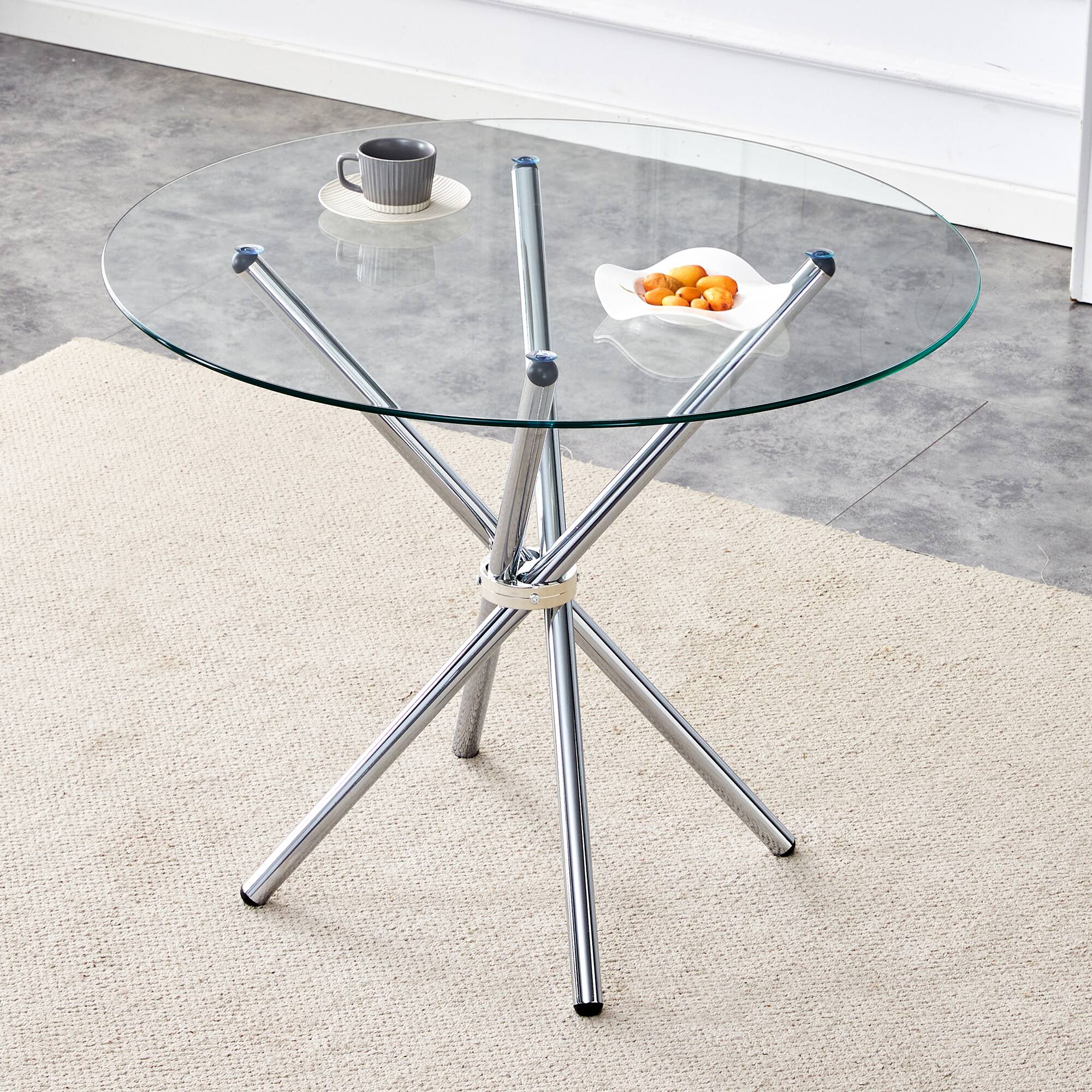 Alt View 1. Ecooso - Round clear glass dining table with a unique shape for 4-6 people, with ring-shaped gathered silver metal legs - Silver.