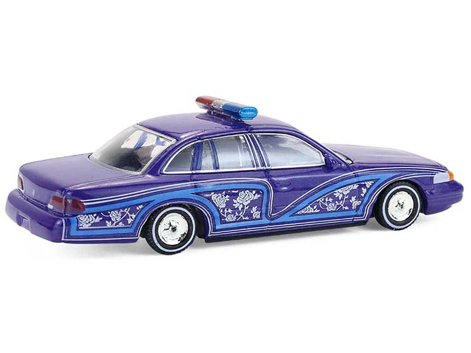 Back. Greenlight - 1992 Ford Crown Victoria Lowrider Blue Graphics Lightbar California Lowriders Series 7 1/64 Diecast Model Car - Blue.