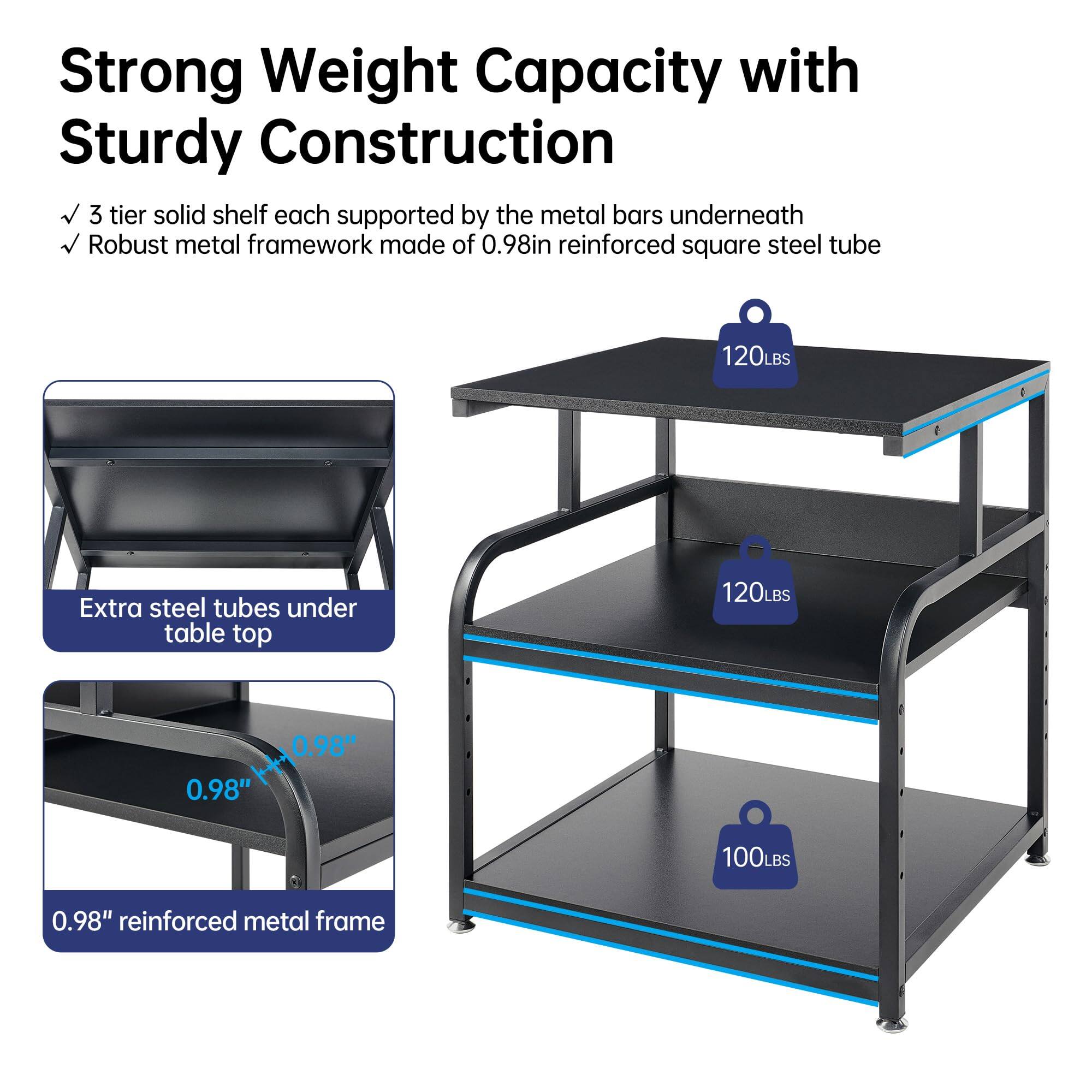 Strong Weight Capacity with Sturdy Construction

- 3 tier solid shelf each supported by the metal bars underneath
- Robust metal framework made of 0.98in reinforced square steel tube

Extra steel tubes under table top

0.98" reinforced metal frame

120LBS

120LBS

100LBS