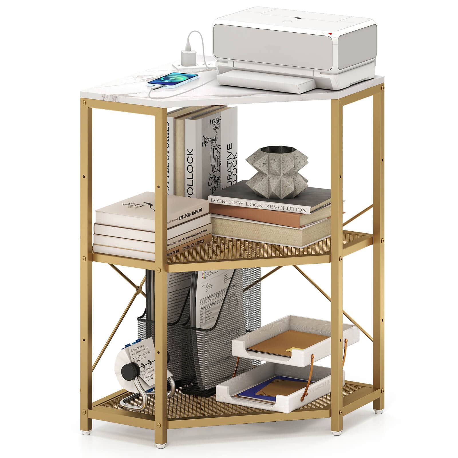 Costway - Corner Printer Stand with Charging Station Adjustable Metal Mesh Shelf - White