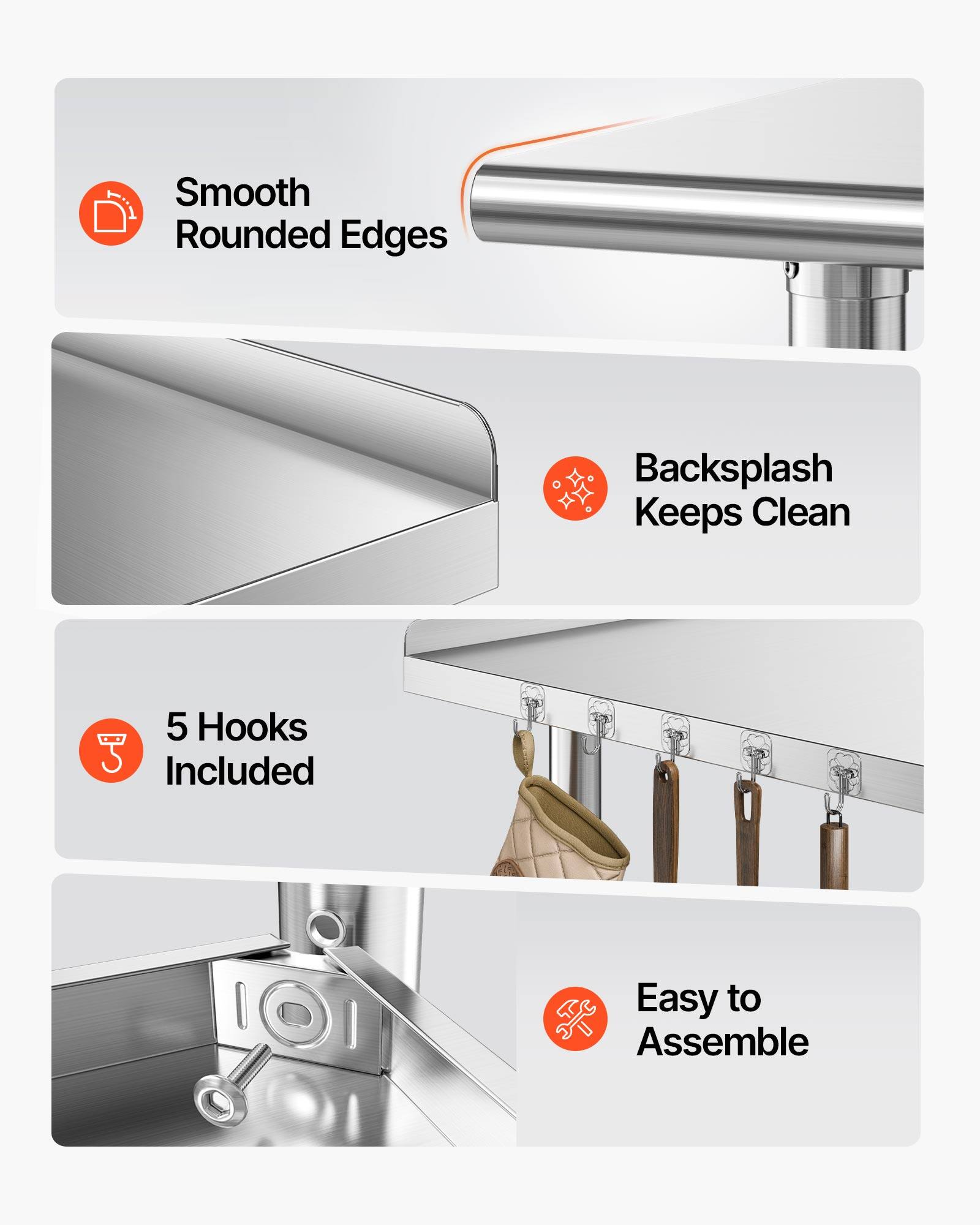 Smooth Rounded Edges  
Backsplash Keeps Clean  
5 Hooks Included  
Easy to Assemble