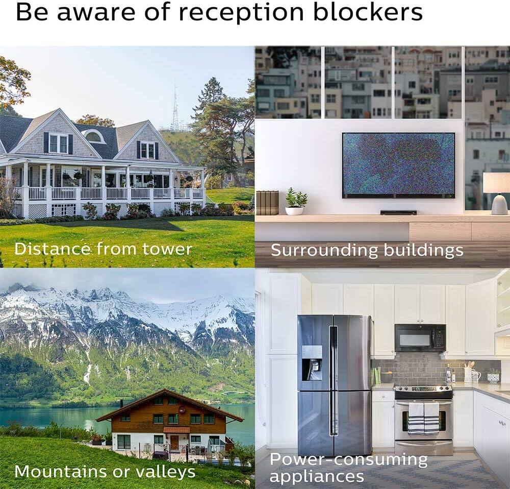 Be aware of reception blockers

- Distance from tower
- Surrounding buildings
- Mountains or valleys
- Power-consuming appliances