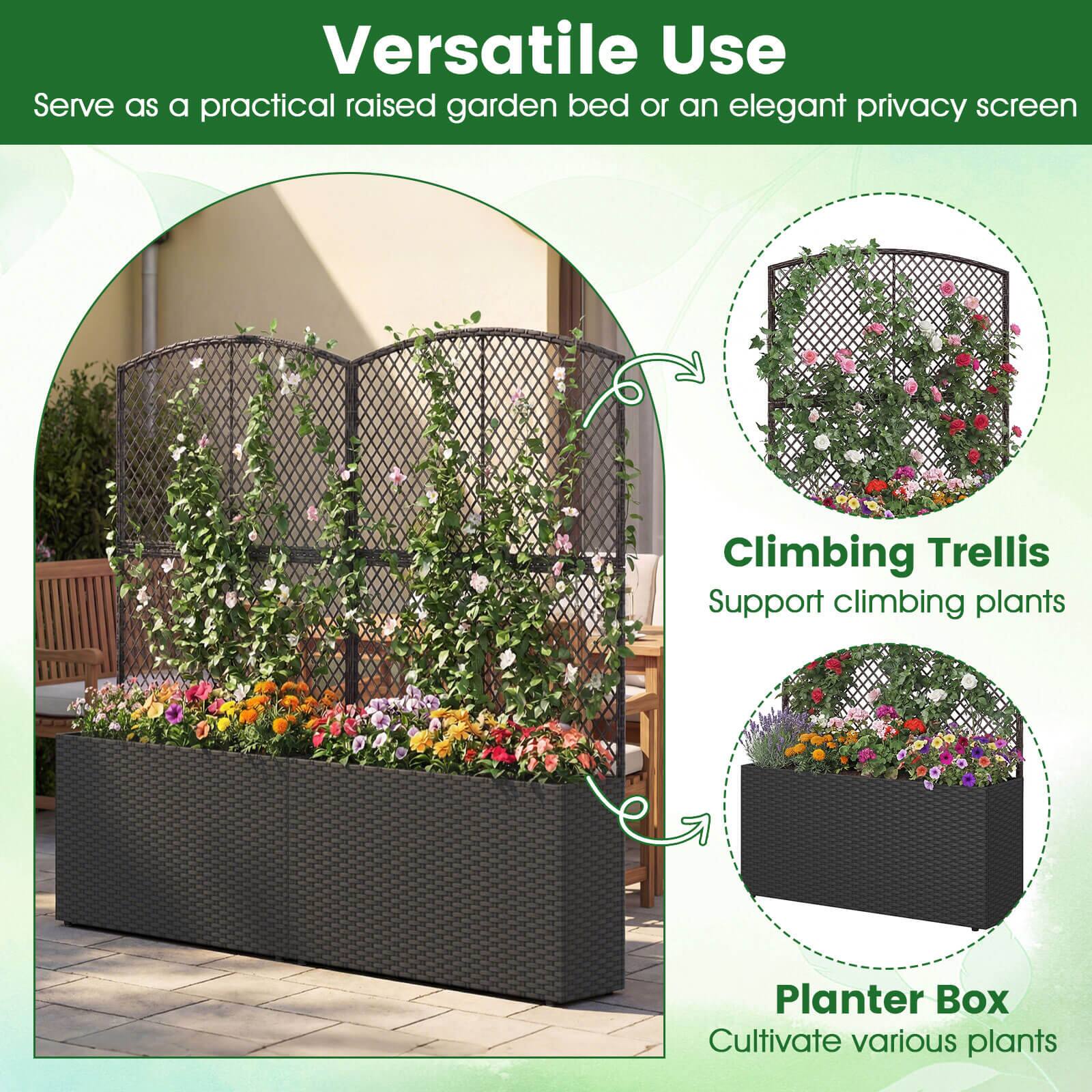 Versatile Use  
Serve as a practical raised garden bed or an elegant privacy screen  

Climbing Trellis  
Support climbing plants  

Planter Box  
Cultivate various plants