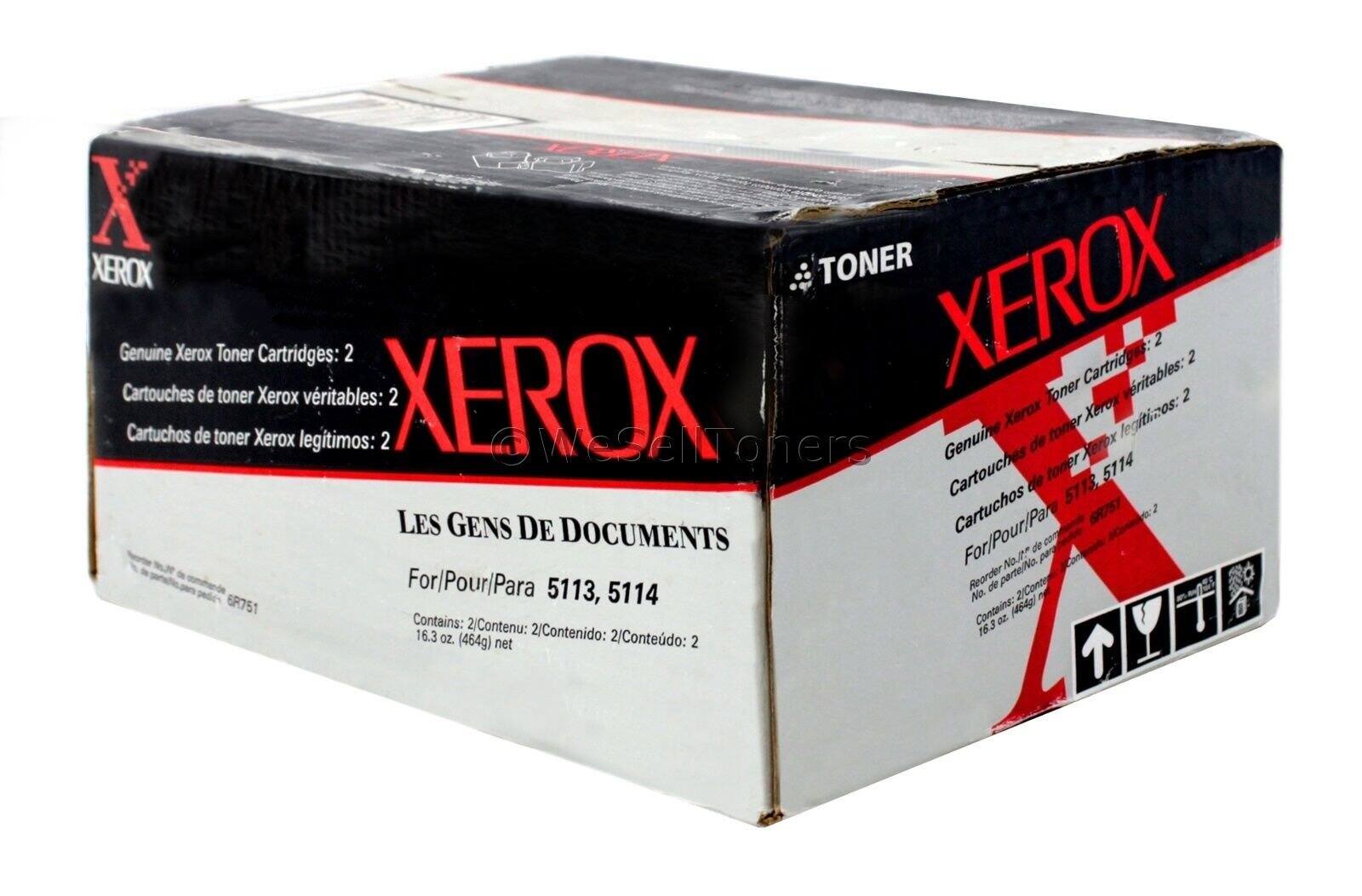 Xerox Toner Cartridges: 2  
Cartouches de toner Xerox véritables: 2  
Cartuchos de toner Xerox legítimos: 2  

LES GENS DE DOCUMENTS  
For/Pour/Para 5113, 5114  

Contains: 2/Contenu: 2/Contenido: 2/Conteúdo: 2 (464g) net  
16.3 oz. (464g)  

Reorder No. 6R751  
Contains: 2/Contenu: 2/Contenido: 2/Conteúdo: 2 (464g) net  
16.3 oz. (464g)  

Xerox  
TONER