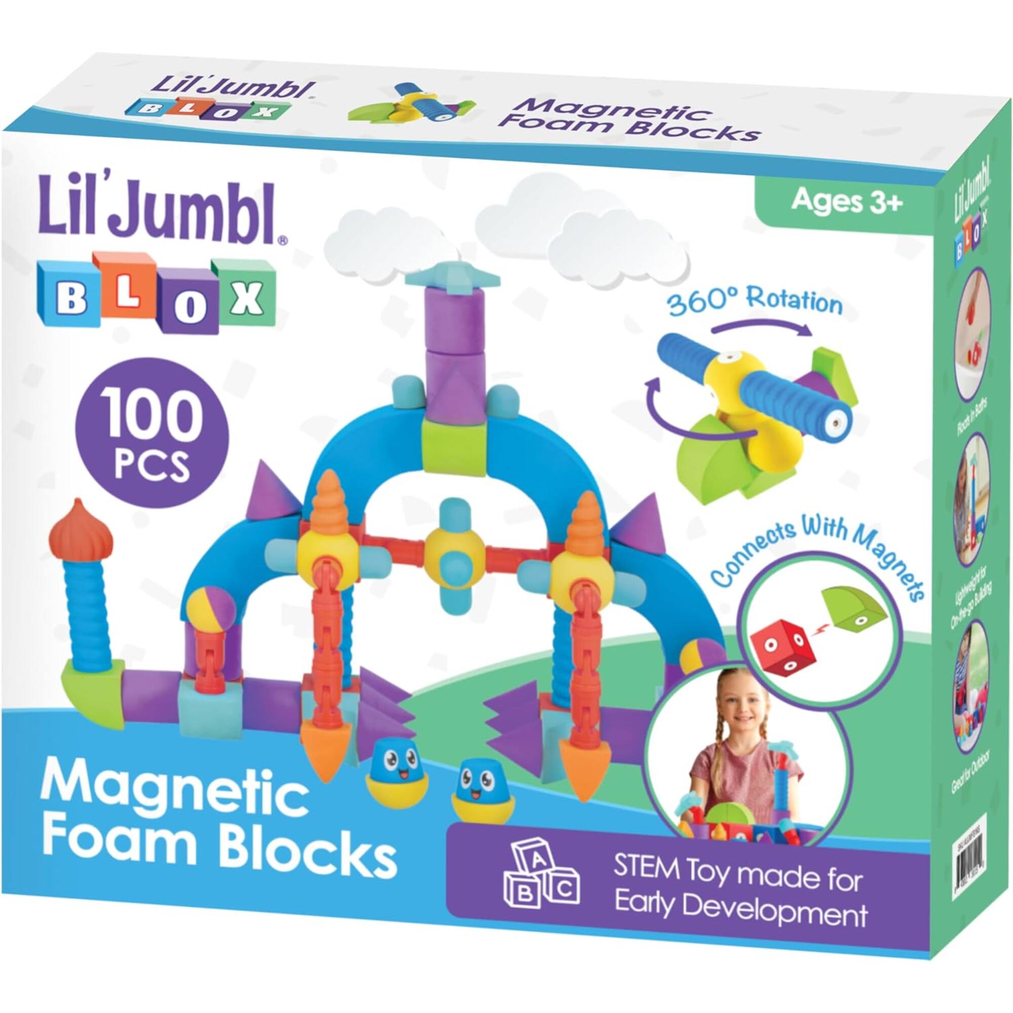 Lil'Jumbl B L O X Lil'Jumbl.  BLOX Foam Magnetic Blocks Ages 3+ Li.umt  360 Rotation 100 PCS Anrin With Connects Magnets @hegta 1  Magnetic Foam Blocks A B C STEM Toy made for Early Development a Jero