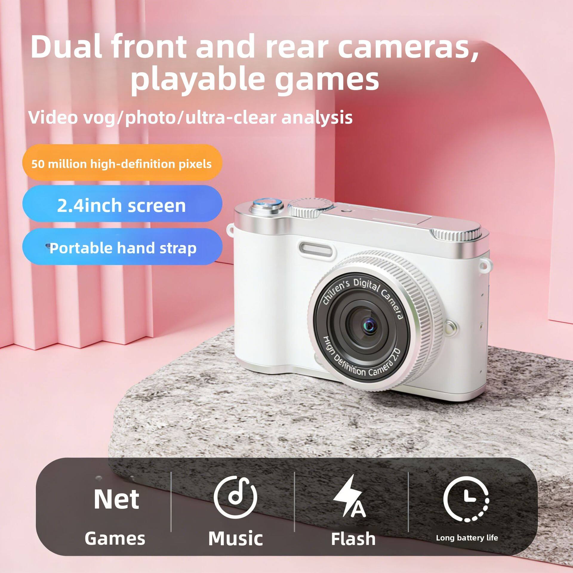 Dual front and rear cameras, playable games  
Video vog/photo/ultra-clear analysis  
50 million high-definition pixels  
2.4-inch screen  
Portable hand strap  
Children's Digital Camera  
High Definition Camera 2.0  
Net Games Music  
Flash  
Long battery life