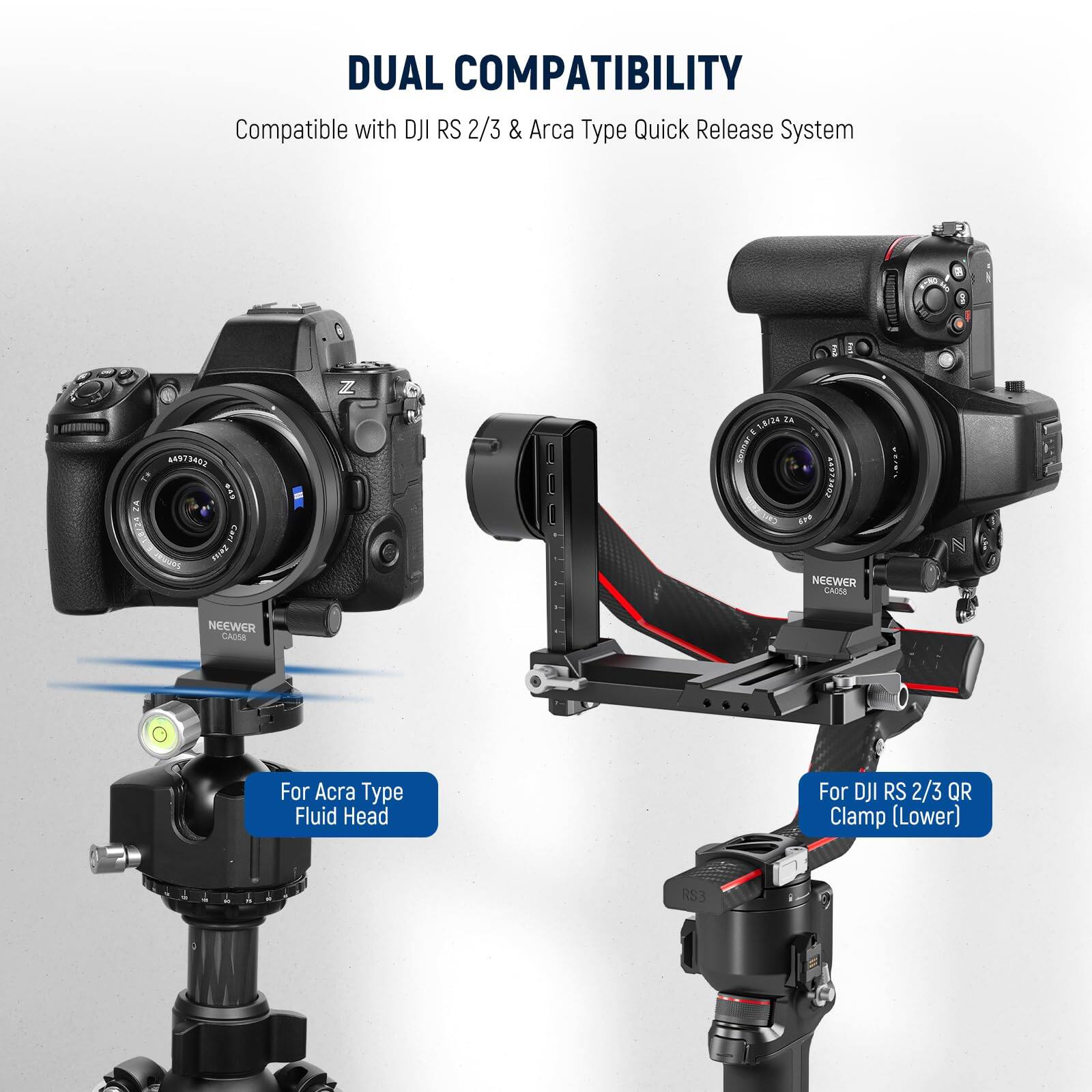 DUAL COMPATIBILITY  
Compatible with DJI RS 2/3 & Arca Type Quick Release System  

For Arca Type Fluid Head  
For DJI RS 2/3 QR Clamp (Lower)
