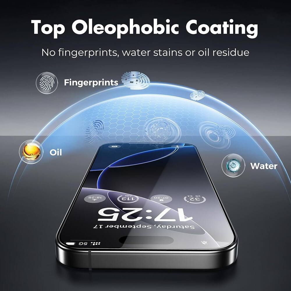 Top Oleophobic Coating  
No fingerprints, water stains or oil residue  

Fingerprints  
Oil  
Water  

17:25  
Saturday, 17 September  
5G  
THa2  
113°  
32°  
18:20  
OC:40  
8V  
vS  
OZ  
18:20  
OC:40  
113°  
32°  
17:25  
17 September  
Saturday, 5G  
THa2