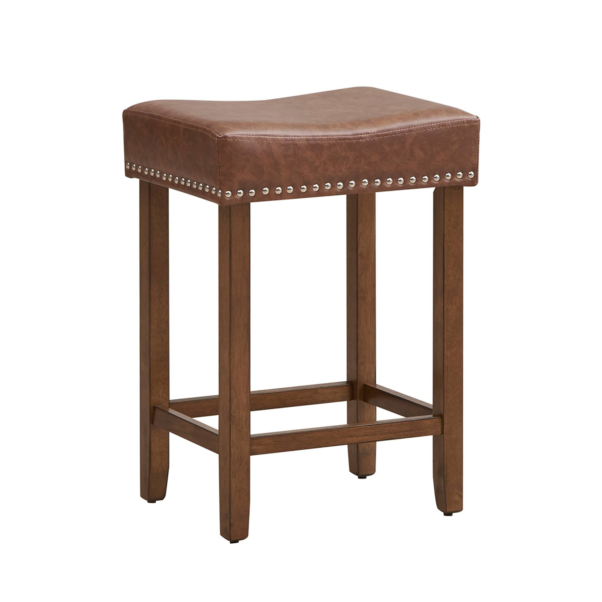 Alt View 1. Costway - 24" Upholstered Bar Stools Set of 2 with Footrests Rubberwood Frame Saddle-shaped - Brown.