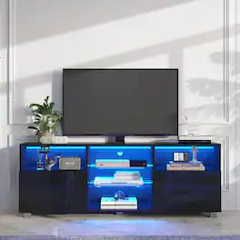 Lent Glitter Wood - ChVans LED TV Stand for 55 inch TV, High Glass Modern Entertainment Center with LED Lights and Glossy Cabinets - Black