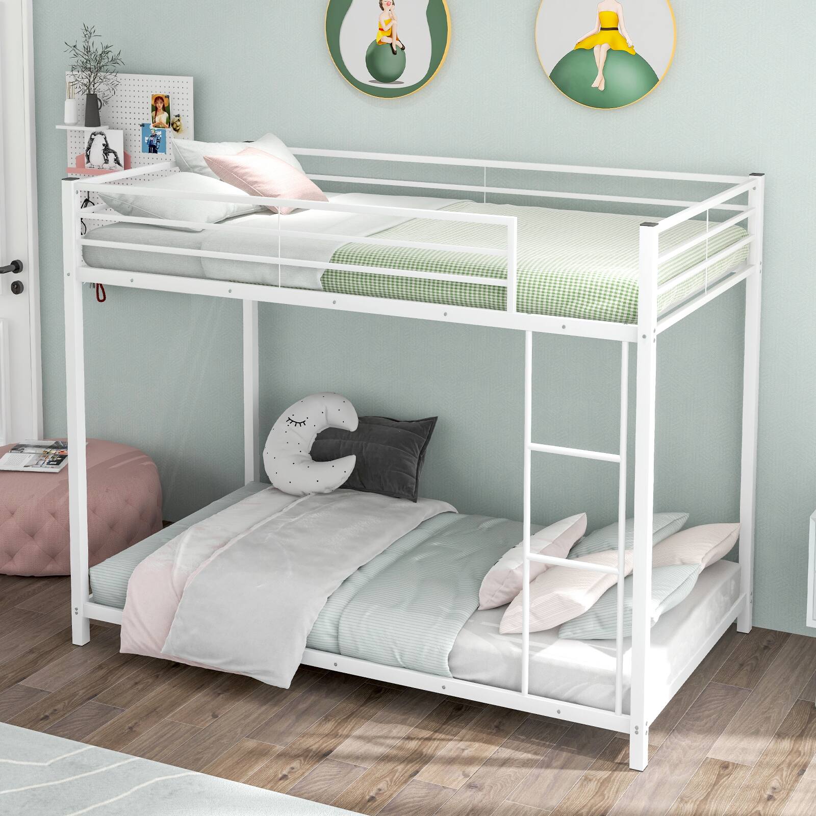 Alt View 8. Gymax - Gymax Twin Over Twin Bunk Bed Frame Platform W/Guard Rails & Side Ladder White - White.