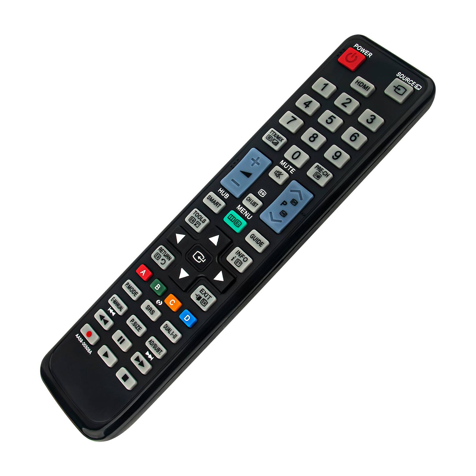 POWER  
SOURCE  
HDMI 1 2 3 4 5 6 7 8 9 0  
TTX/MIX  
MUTE  
PRE-CH  
CHLIST  
MENU  
GUIDE  
INFO  
RETURN  
E-MANUAL  
P.MODE  
EXIT  
HUB 1  
SMART  
TOOLS  
TV/AV  
A  
B  
C  
D  
P.SIZE  
DUAL-HI  
AASS  
ADJUST  
SOURCE  
SRS  
MONITOR  
LG ELECTRONICS