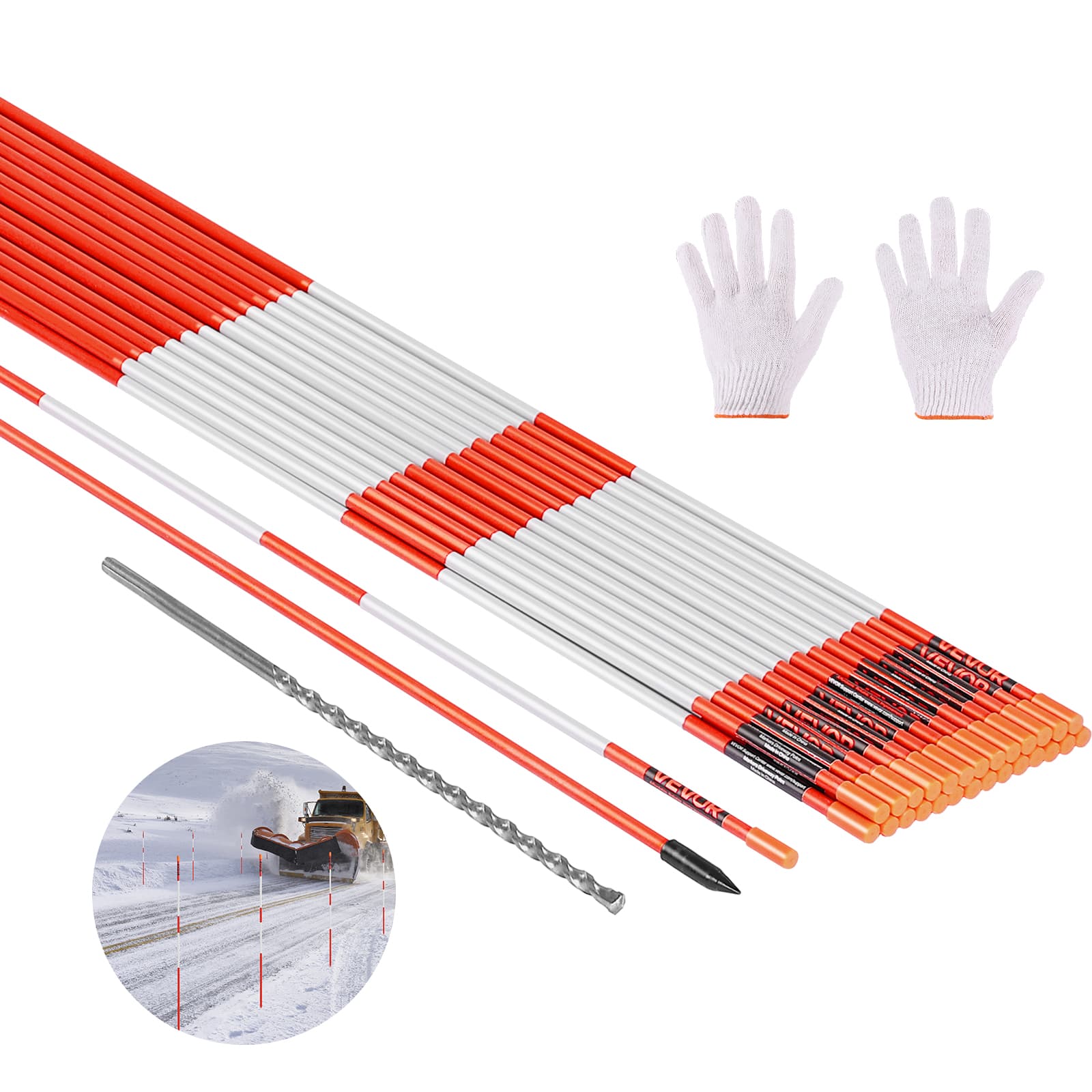VEVOR - Driveway Markers, 200Pcs 48 in Long 1/4 in Dia, Hi-Visibility Driveway Reflectors with 12 in Steel Drill Bits - Orange