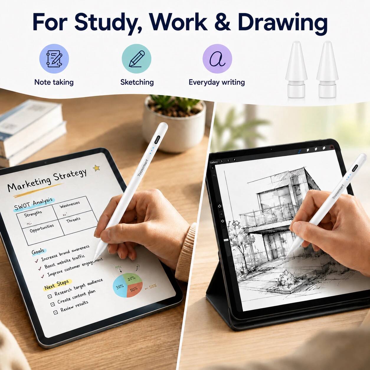 For Study, Work & Drawing

- Note taking
- Sketching
- Everyday writing

Marketing Strategy

SWOT Analysis
- Strengths
- Weaknesses
- Opportunities
- Threats

Goals
- Increase brand awareness
- Boost website traffic
- Improve customer engagement

Next Steps
- Research target audience
- Create content plan
- Review results

Tooesmart
- 20%
- 30%
- 50%
- 50%