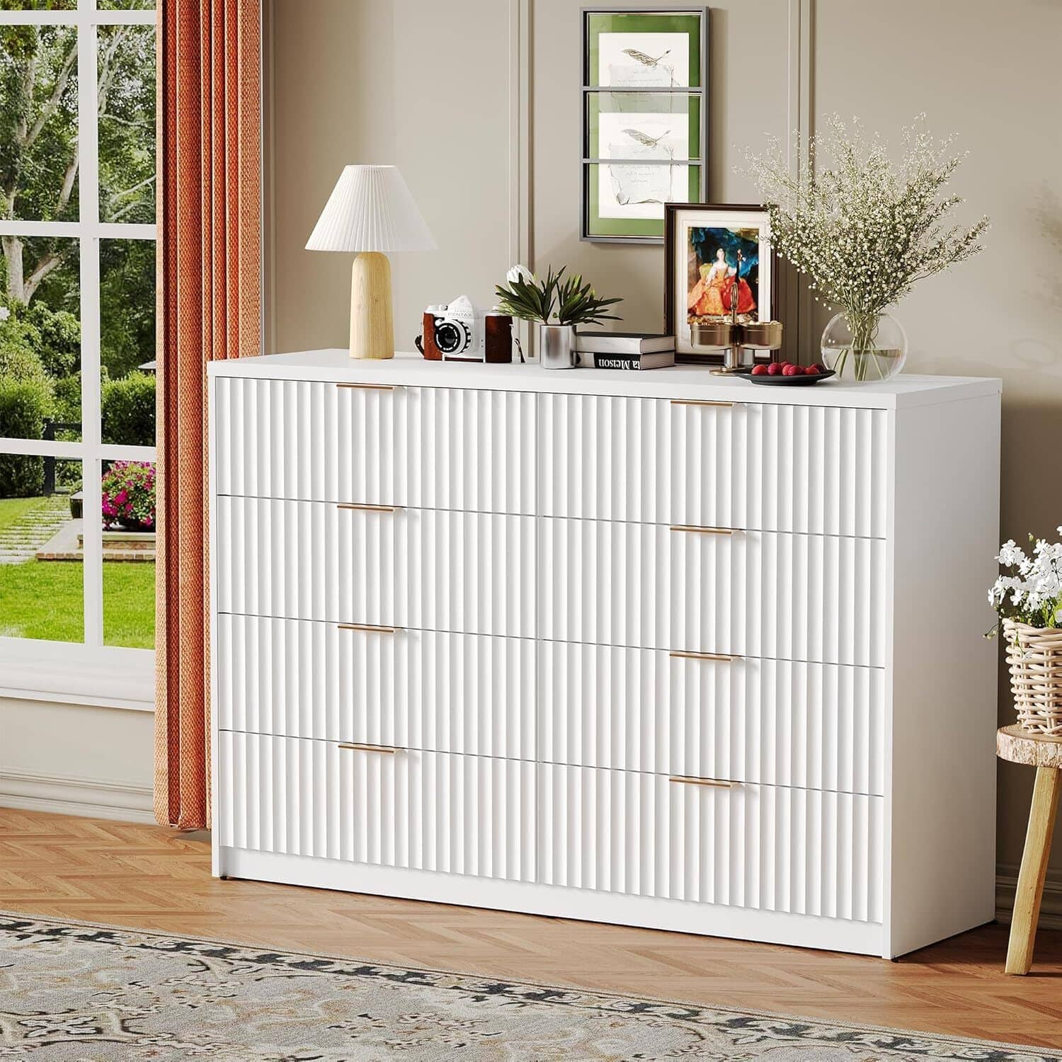 GARVEE - 8 Drawer Dresser for Bedroom Storage, Modern Dressers & Chests of Drawers with Fluted Front, Versatile Dresser - White
