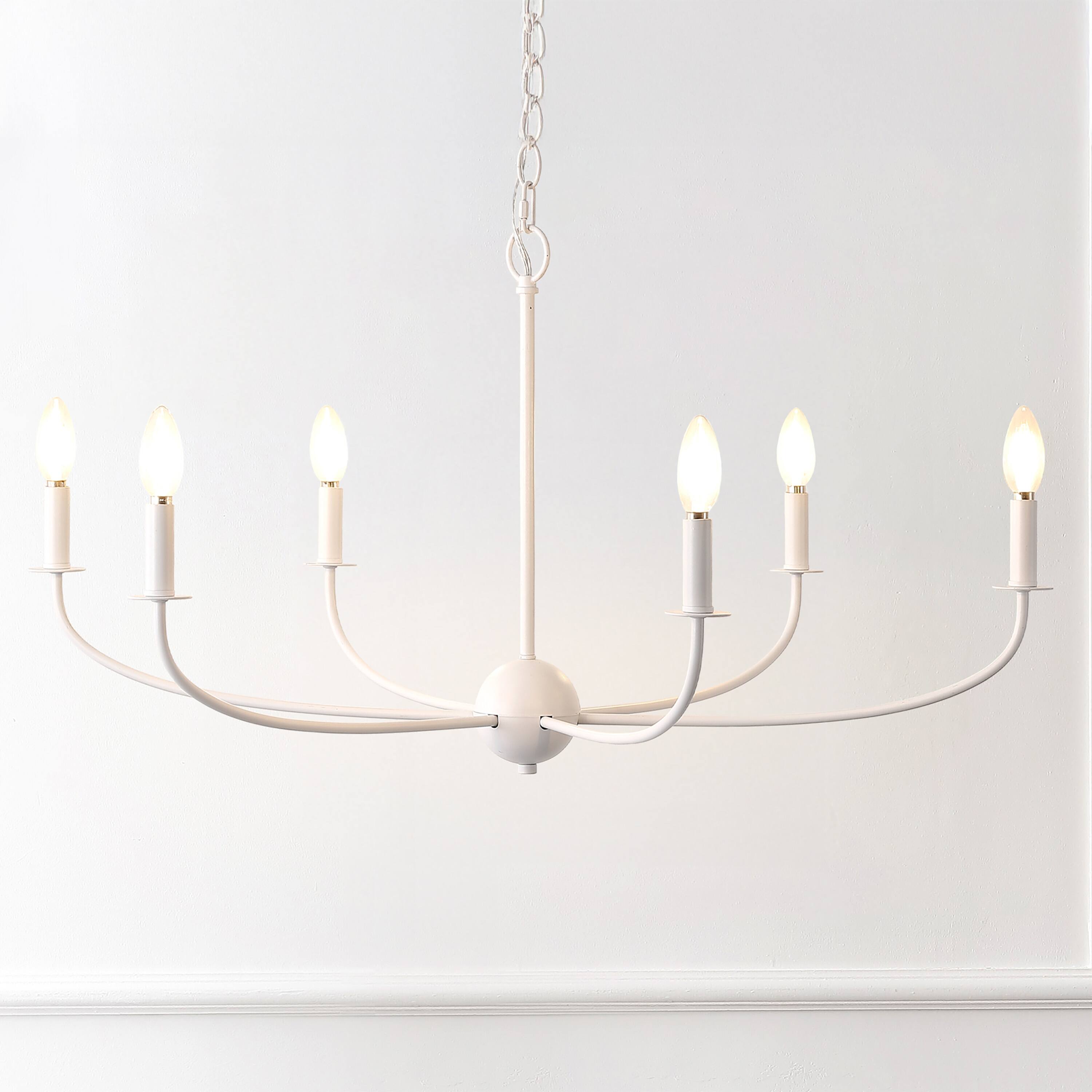 Alt View 1. Jonathan Y - Ainsley 35" 6-Light Grand Traditional Farmhouse Adjustable Swooping Arm Candle-Style Metal LED Chandelier, White - White.