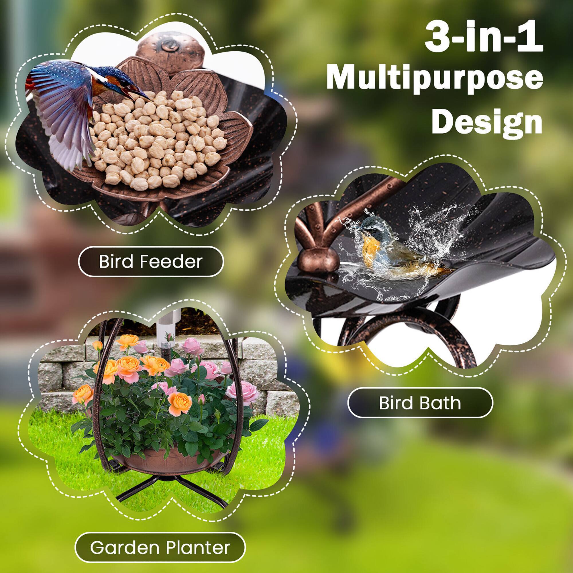 3-in-1 Multipurpose Design

- Bird Feeder
- Bird Bath
- Garden Planter