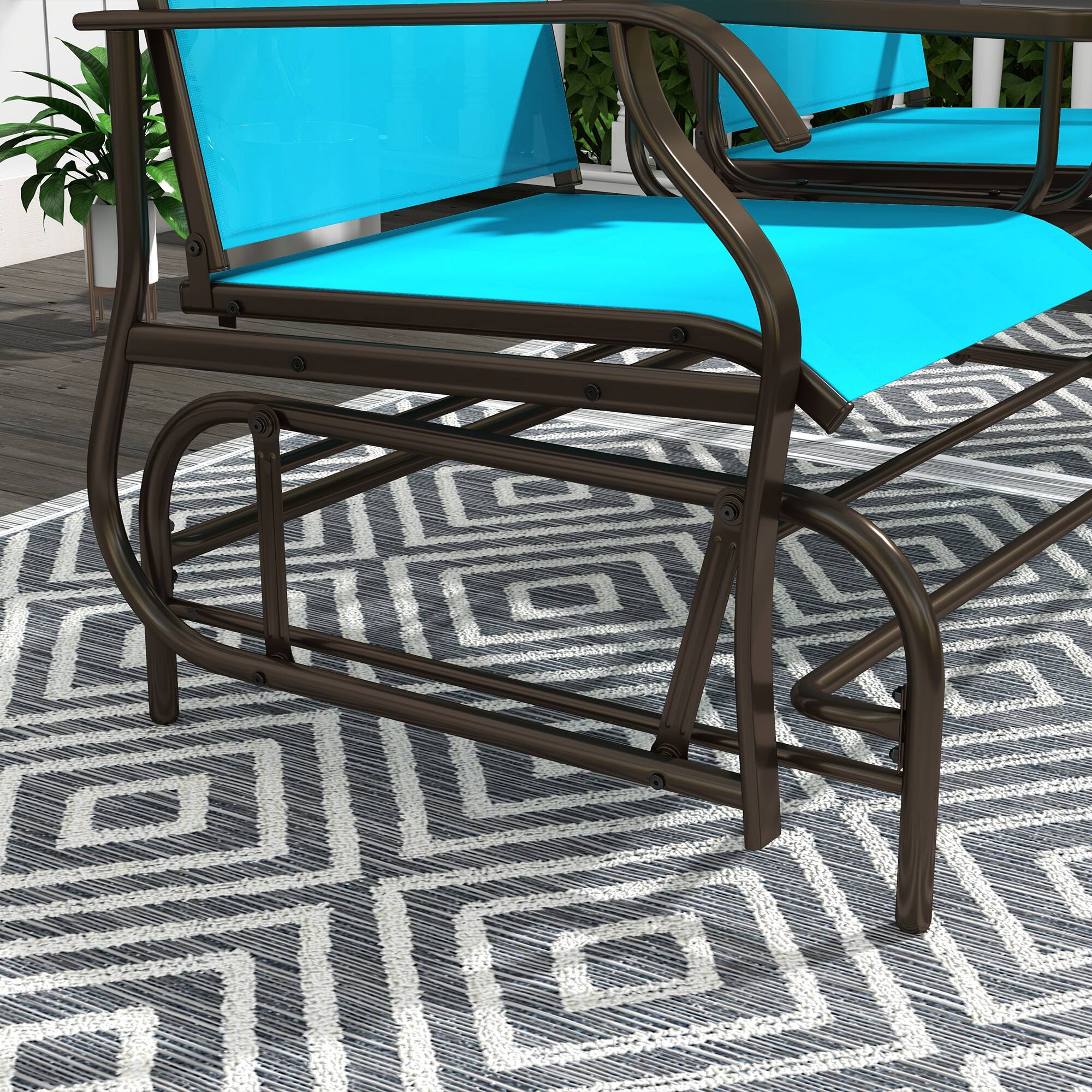 Alt View 5. Outsunny - Outdoor Glider Bench with Center Table, Metal Frame Patio Loveseat with Breathable Mesh Fabric and Armrests - Blue.