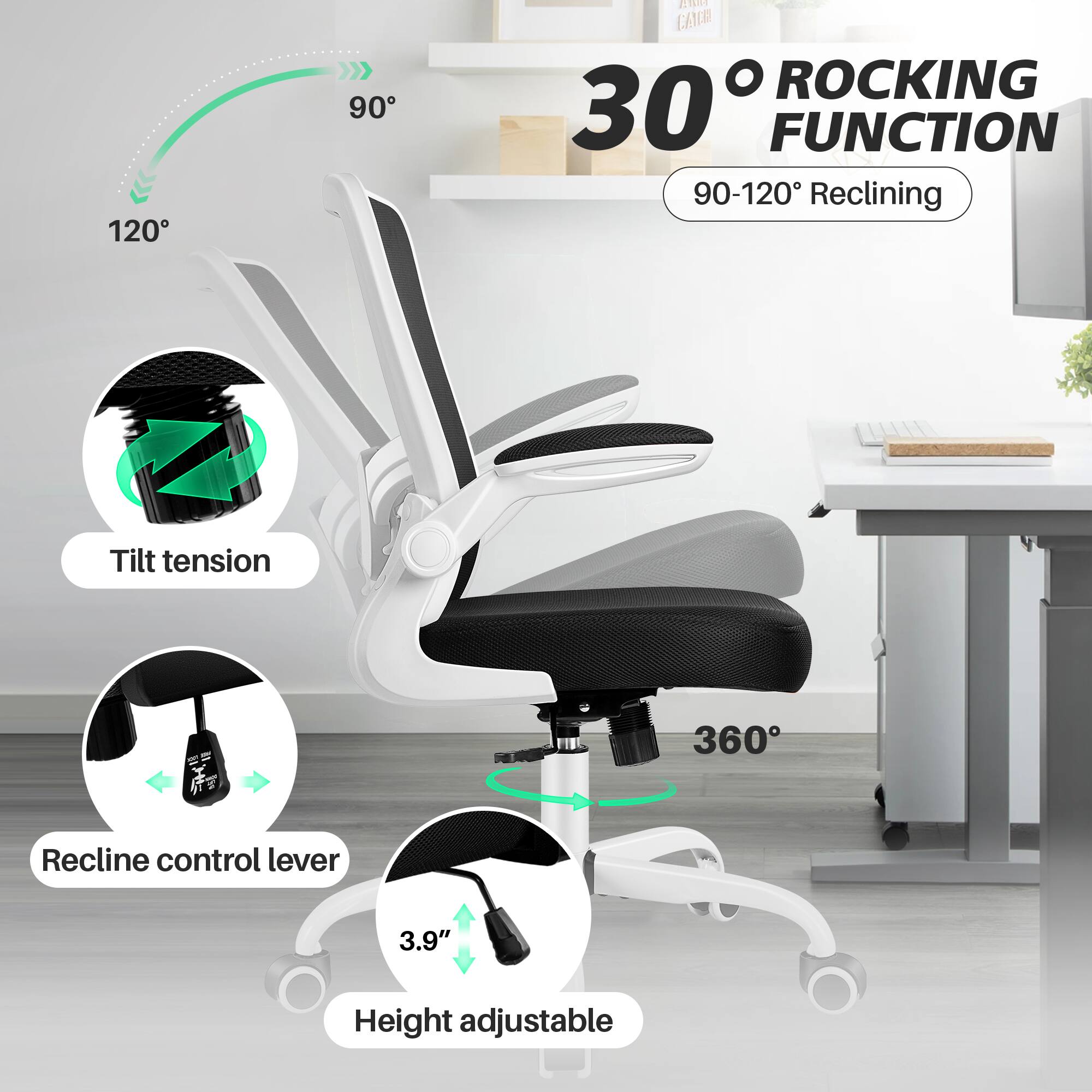 120 90 ET CANCR O ROCKING 30 FUNCTION 90-120 Reclining Tilt tension Ve 360 Recline control lever 3.9" Height adjustable