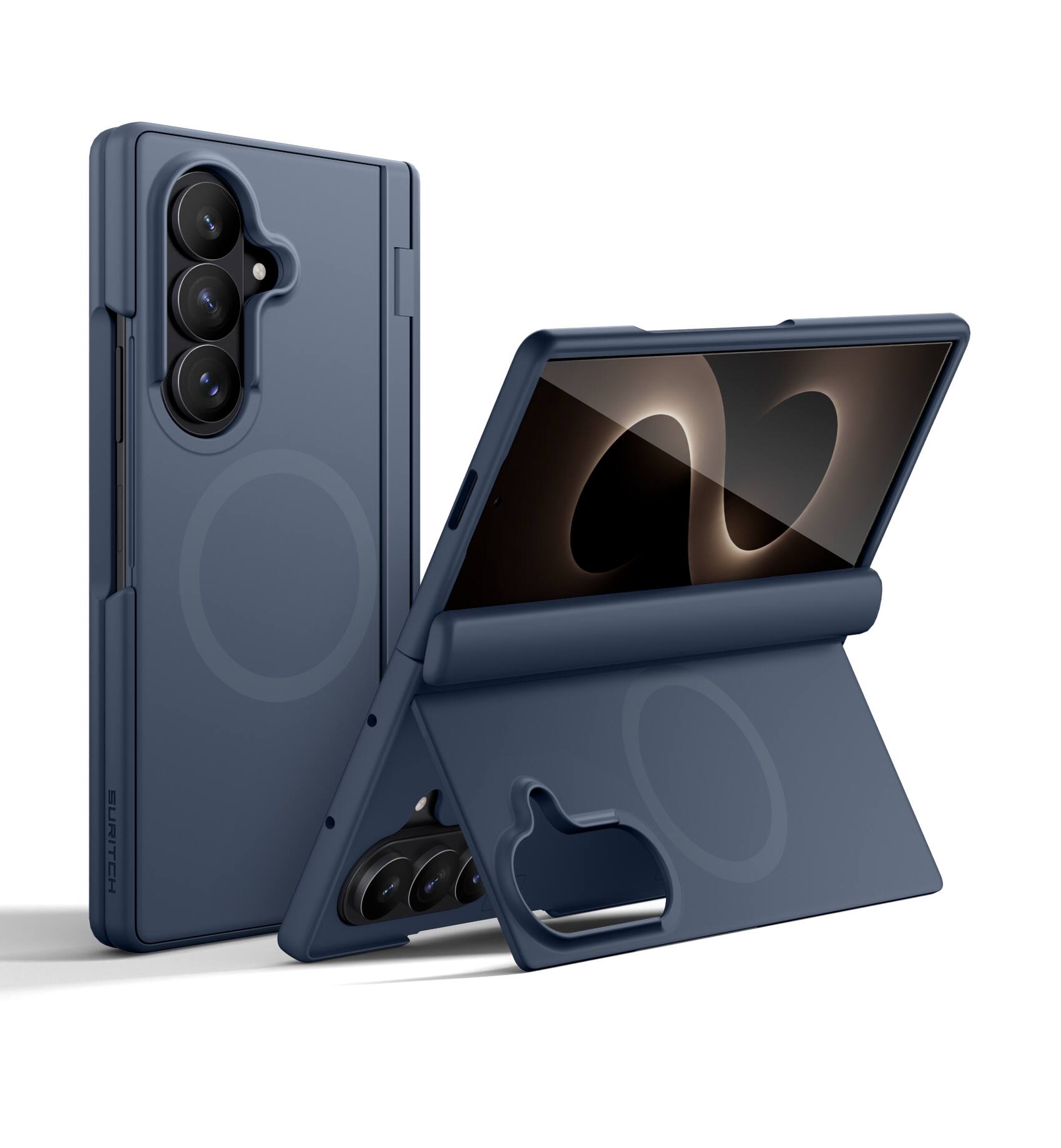 Angle. SURITCH - Magnet Case for Samsung Galaxy Z Fold 8 Ultra, Compatible with MagSafe, with Screen Protector Hinge Protection Kickstand - Deep Blue.