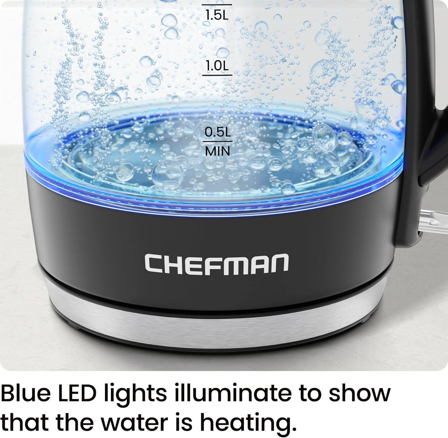 1.5L  
1.0L  
0.5L MIN  

Blue LED lights illuminate to show that the water is heating.