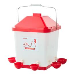 VEVOR - 5 Gallon Automatic Chicken Waterer, 6 Water Ports, Automatic-Fill Water Cup, Automatic Gravity Waterer with Handle - White + Red