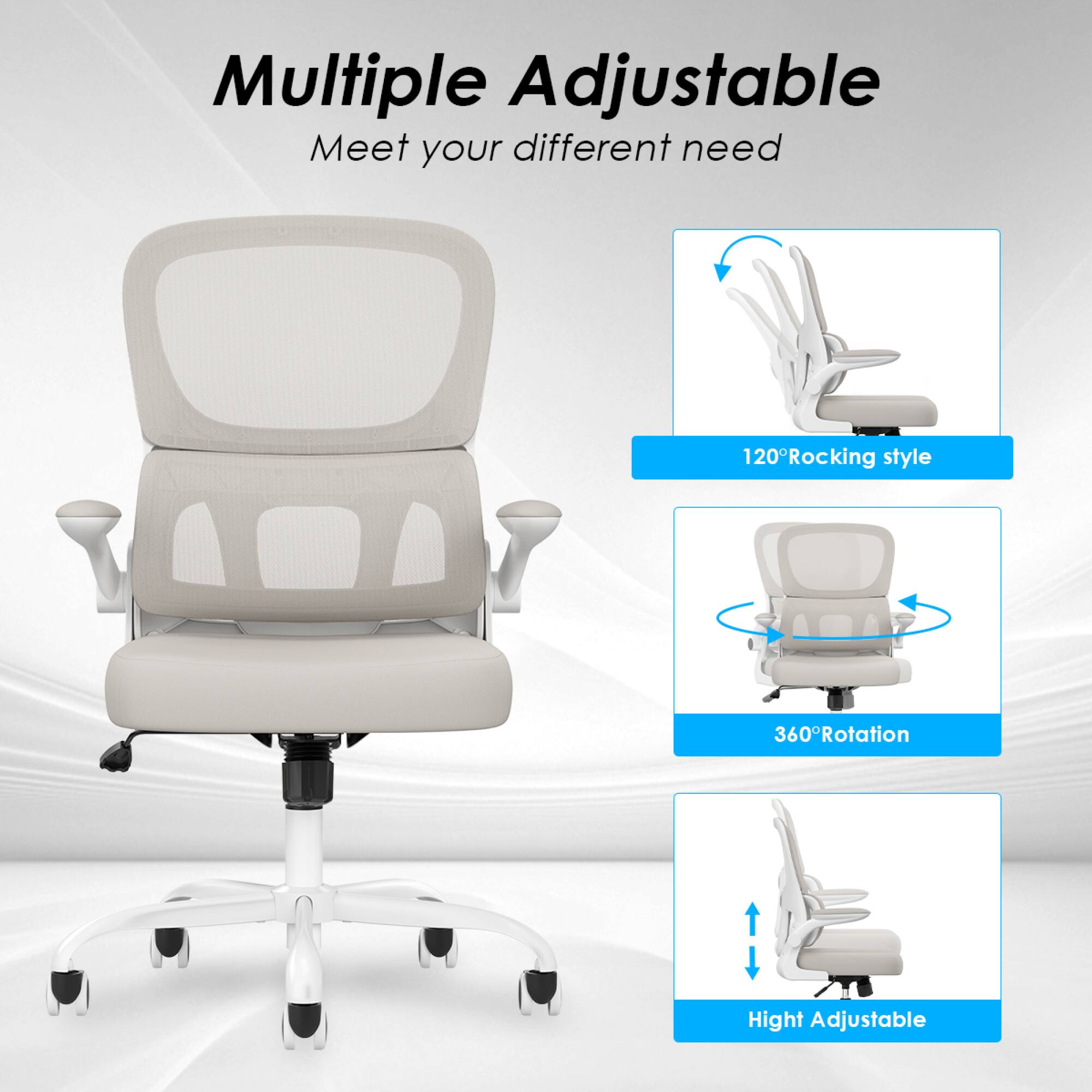 Multiple Adjustable  
Meet your different need  

120° Rocking style  
360° Rotation  
Height Adjustable
