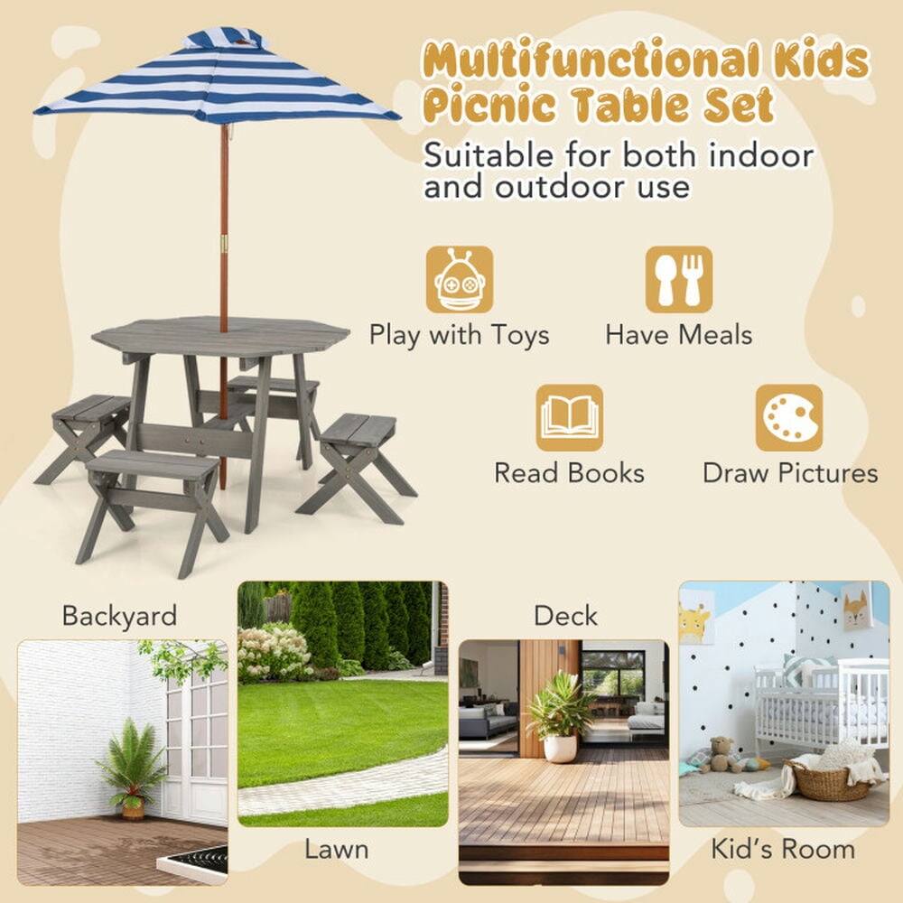 Multifunctional Kids Picnic Table Set  
Suitable for both indoor and outdoor use  

- Play with Toys  
- Have Meals  
- Read Books  
- Draw Pictures  

Backyard  
Lawn  
Deck  
Kid's Room
