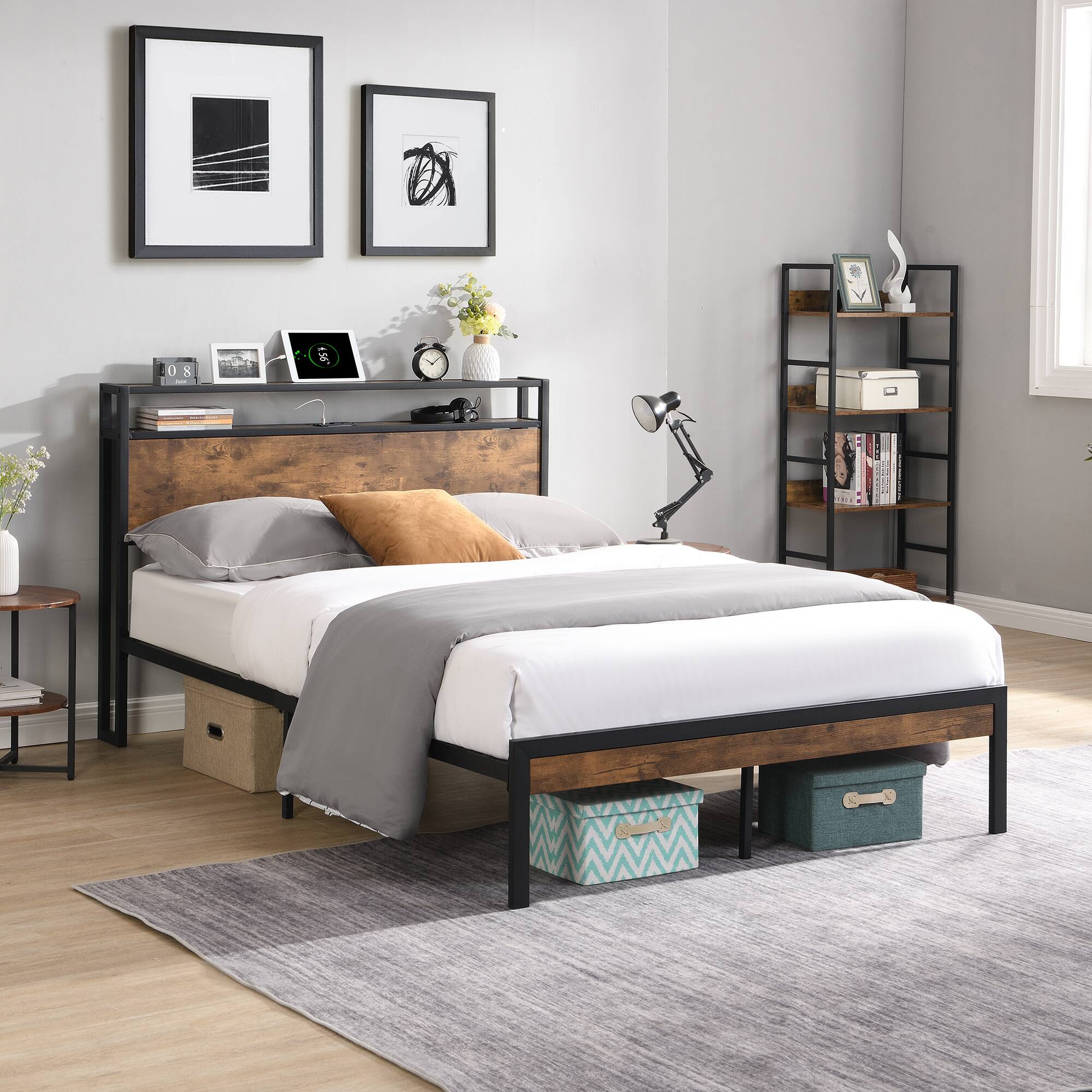 Angle. Trinkets Crazed - King Size Metal Platform Bed Frame with Wooden Headboard and Footboard with USB Liner, No Box Spring Needed - Black.