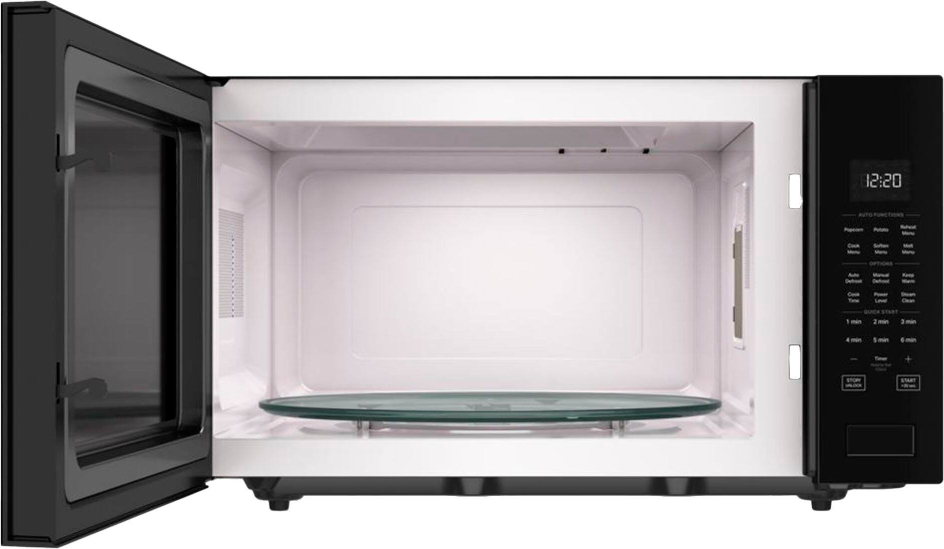 The text on the image reads "12:20 Meno Suffin Cooe Tme Lever 1 min 2 min 3 min 4 min 5 min 6 min STOP START." This text is likely a description of the buttons on a microwave oven. The buttons are labeled with the time durations for different cooking options, such as 1 minute, 2 minutes, 3 minutes, 4 minutes, 5 minutes, and 6 minutes. The "STOP" and "START" buttons are also present, indicating that the user can stop or start the cooking process.